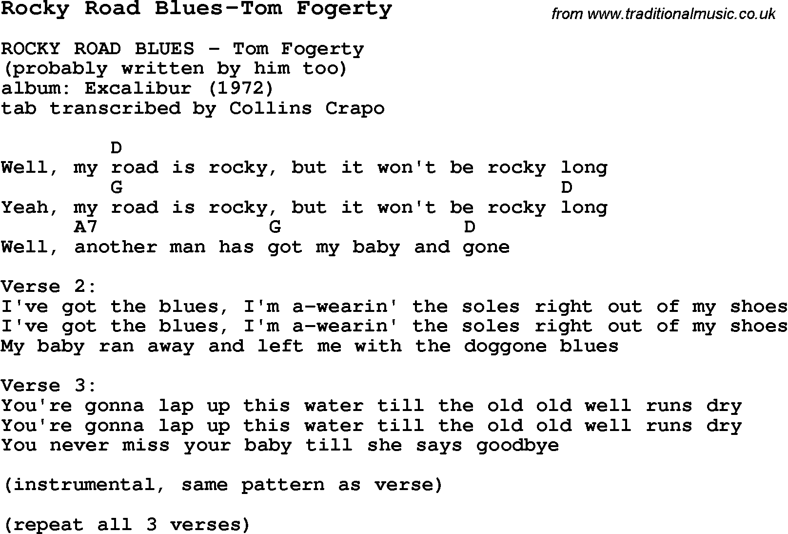 Blues Guitar Song, lyrics, chords, tablature, playing hints for Rocky Road Blues-Tom Fogerty