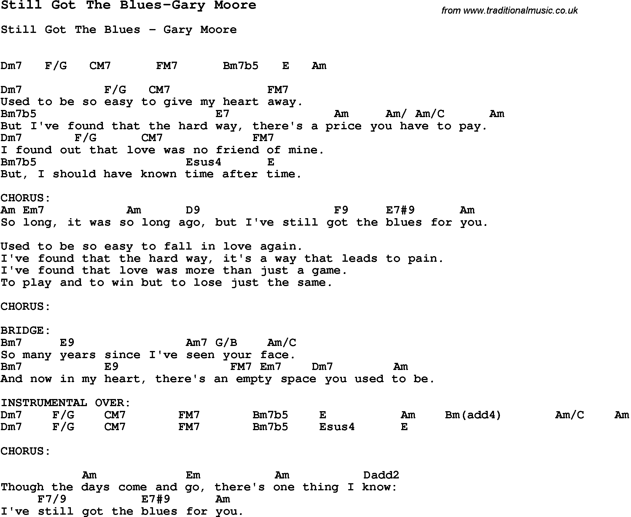 Blues Guitar Song, lyrics, chords, tablature, playing hints for Still Got The Blues-Gary Moore