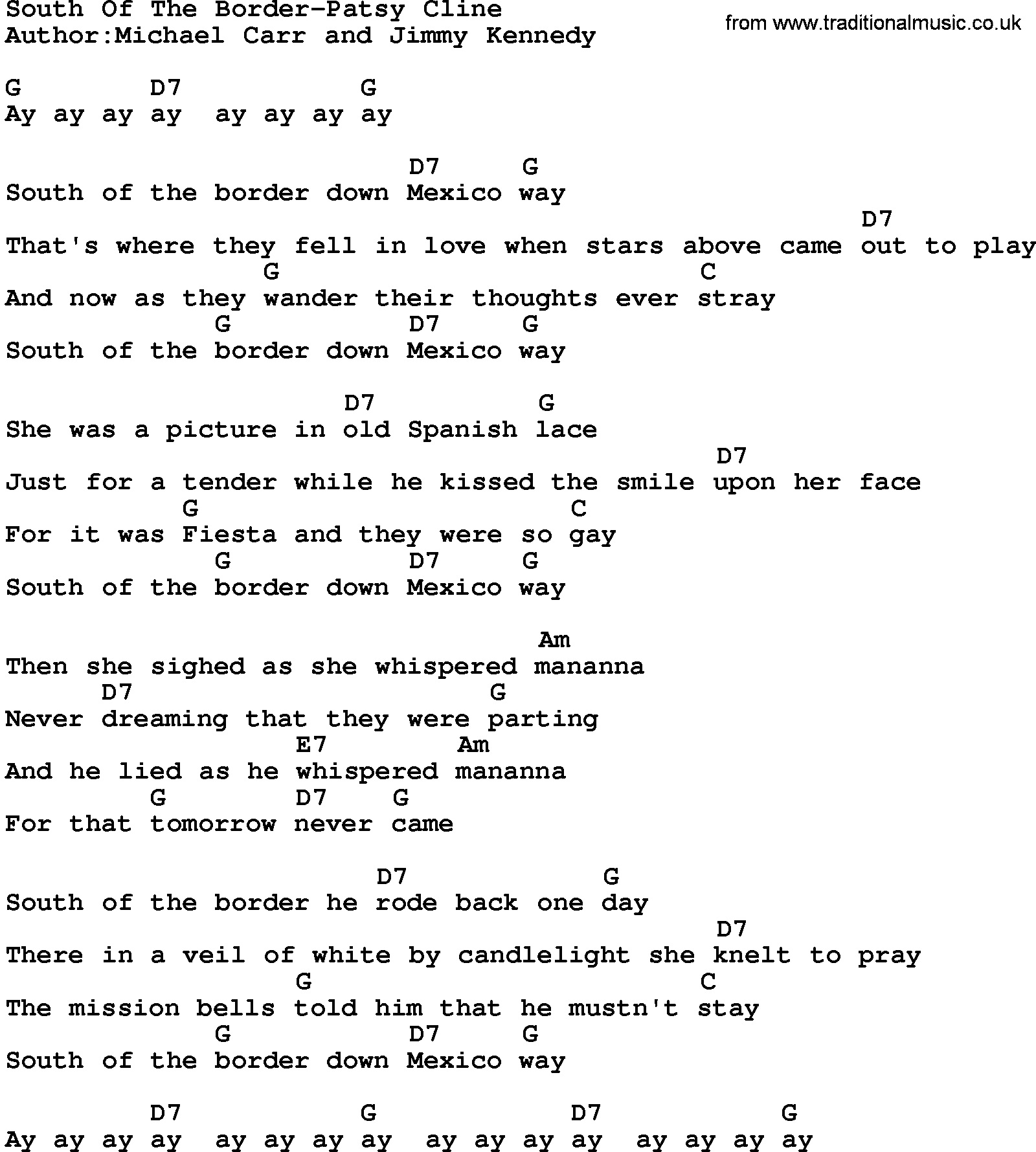 Country music song: South Of The Border-Patsy Cline lyrics and chords