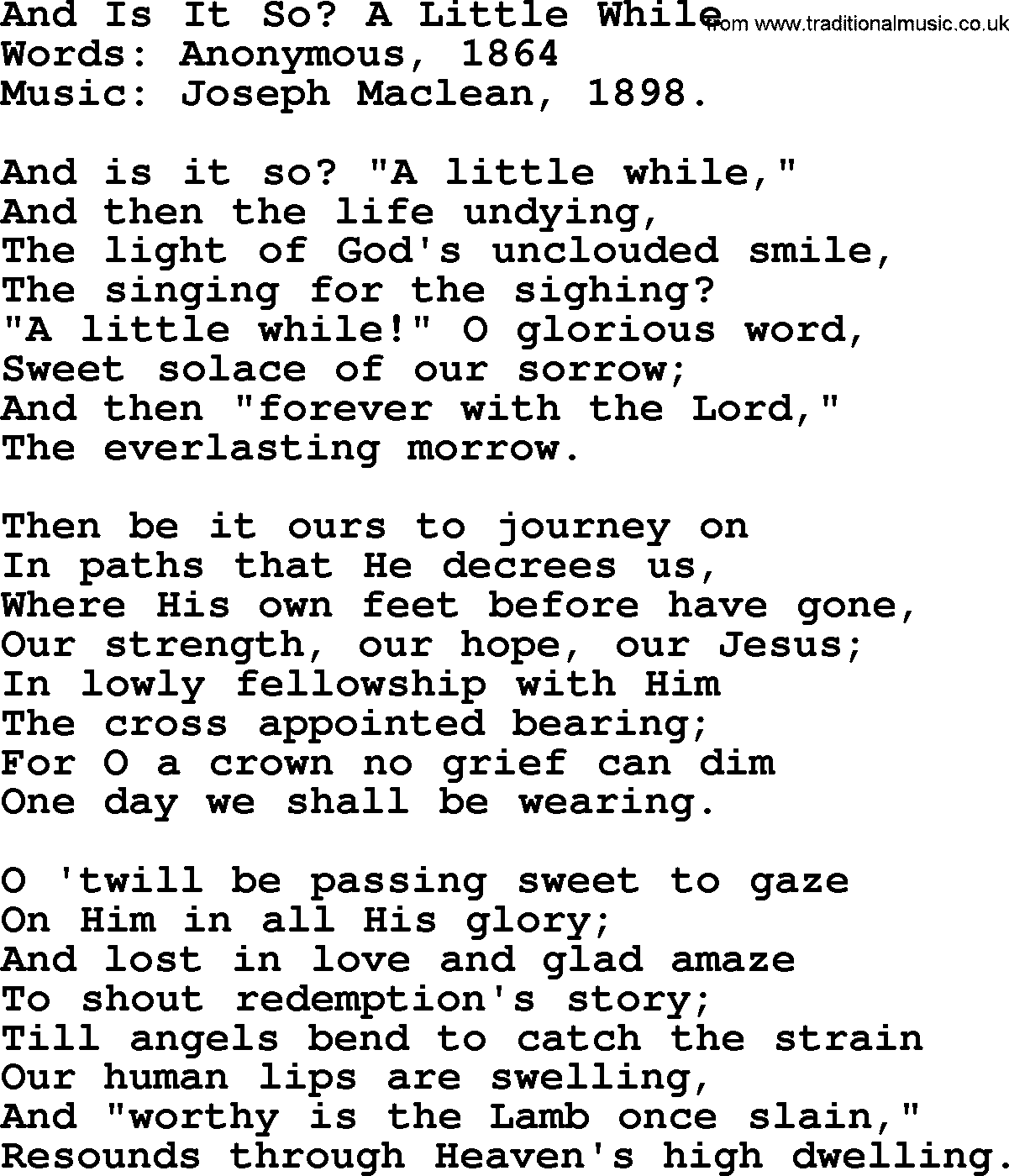 Songs and Hymns about Heaven: And Is It So A Little While lyrics with PDF