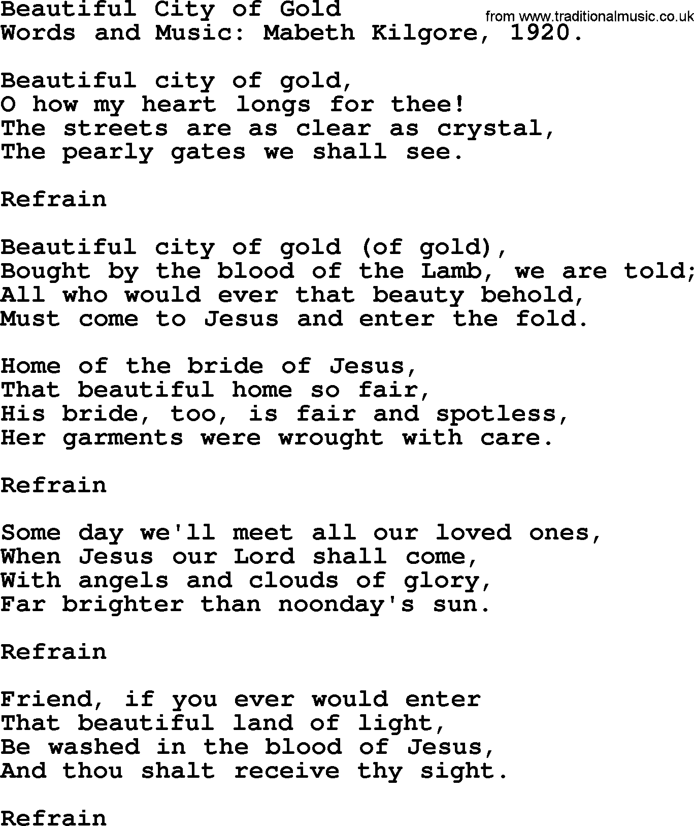 Songs and Hymns about Heaven: Beautiful City Of Gold lyrics with PDF