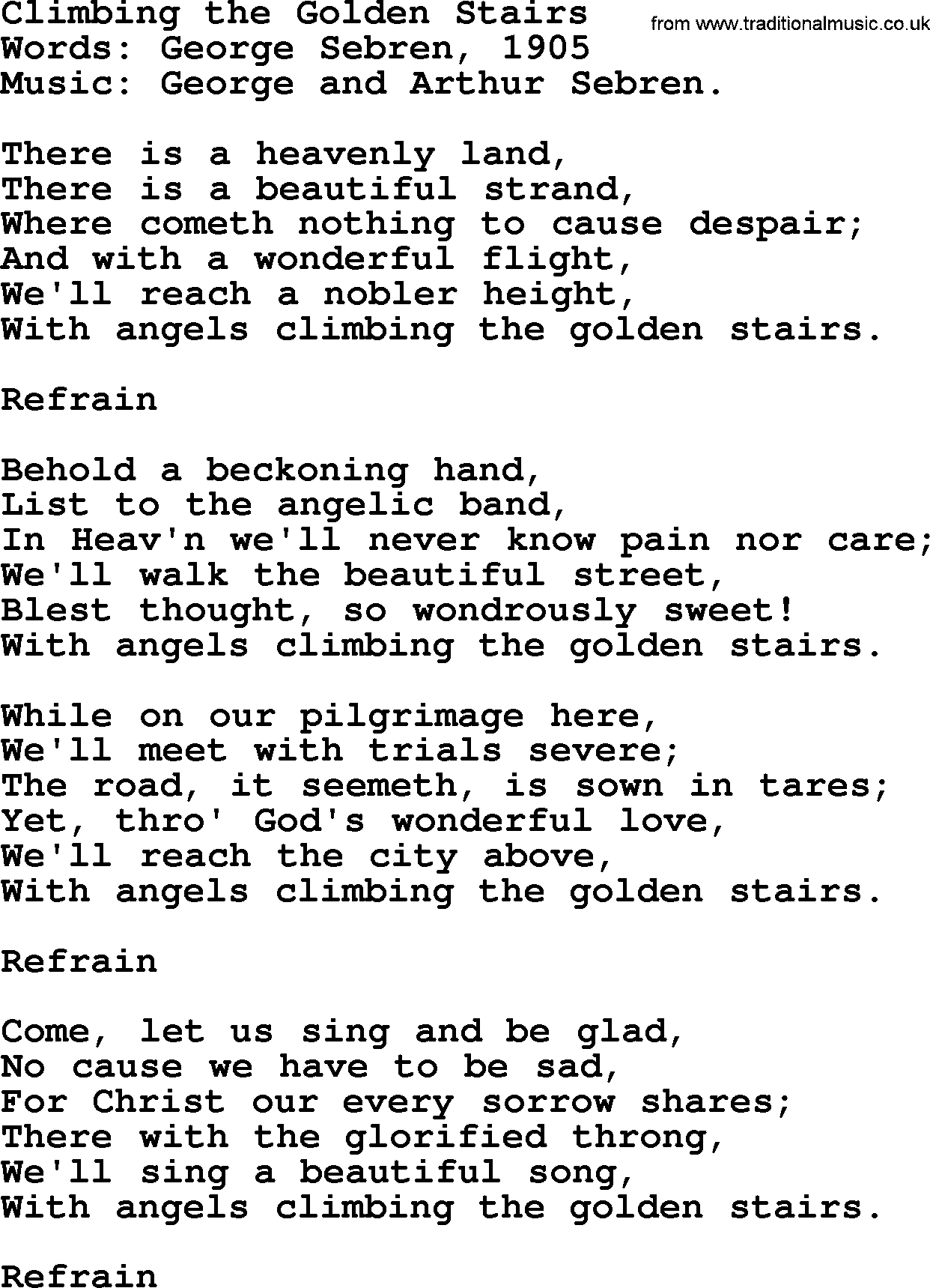 Songs and Hymns about Heaven: Climbing The Golden Stairs lyrics with PDF