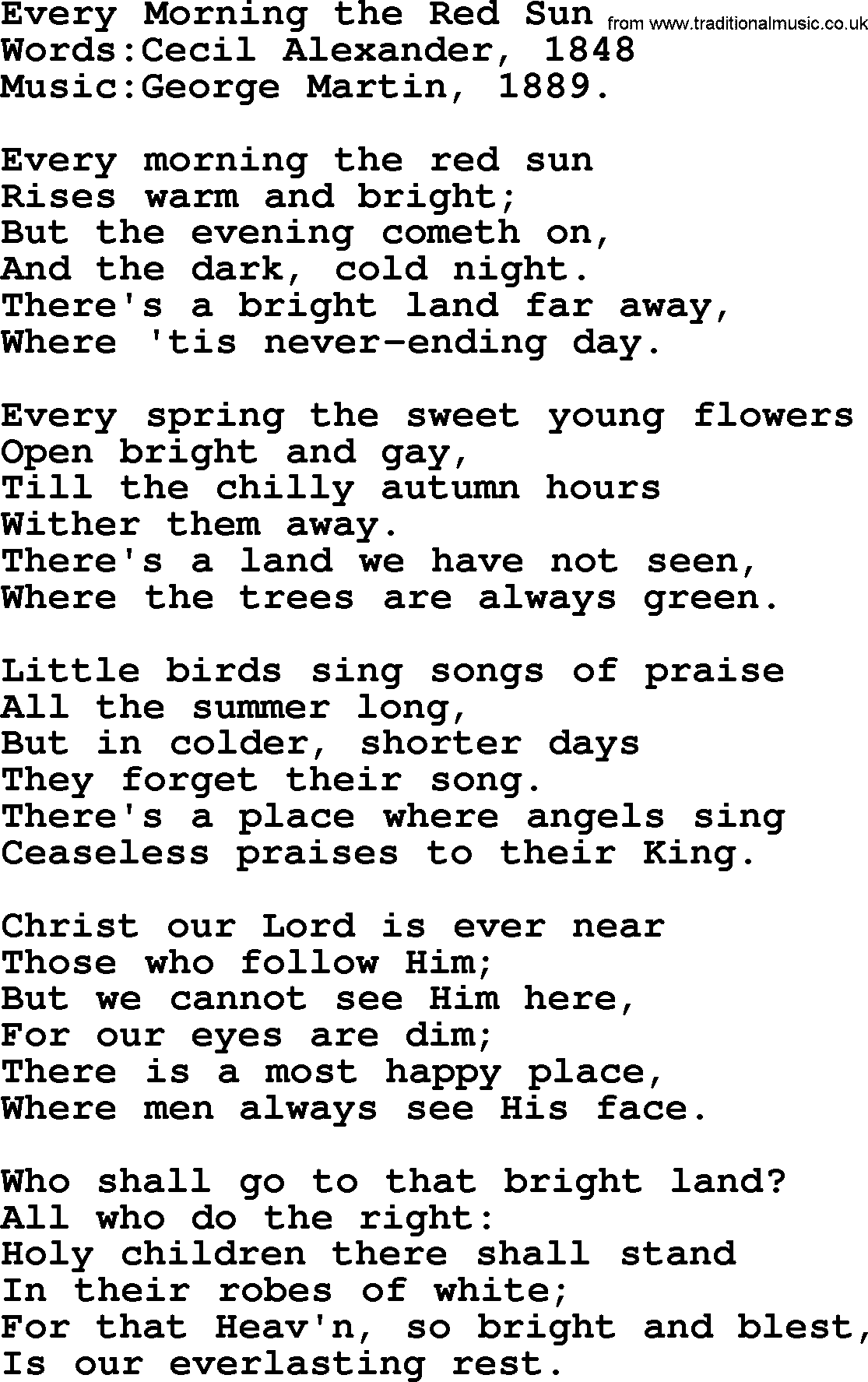 Songs and Hymns about Heaven: Every Morning The Red Sun lyrics with PDF
