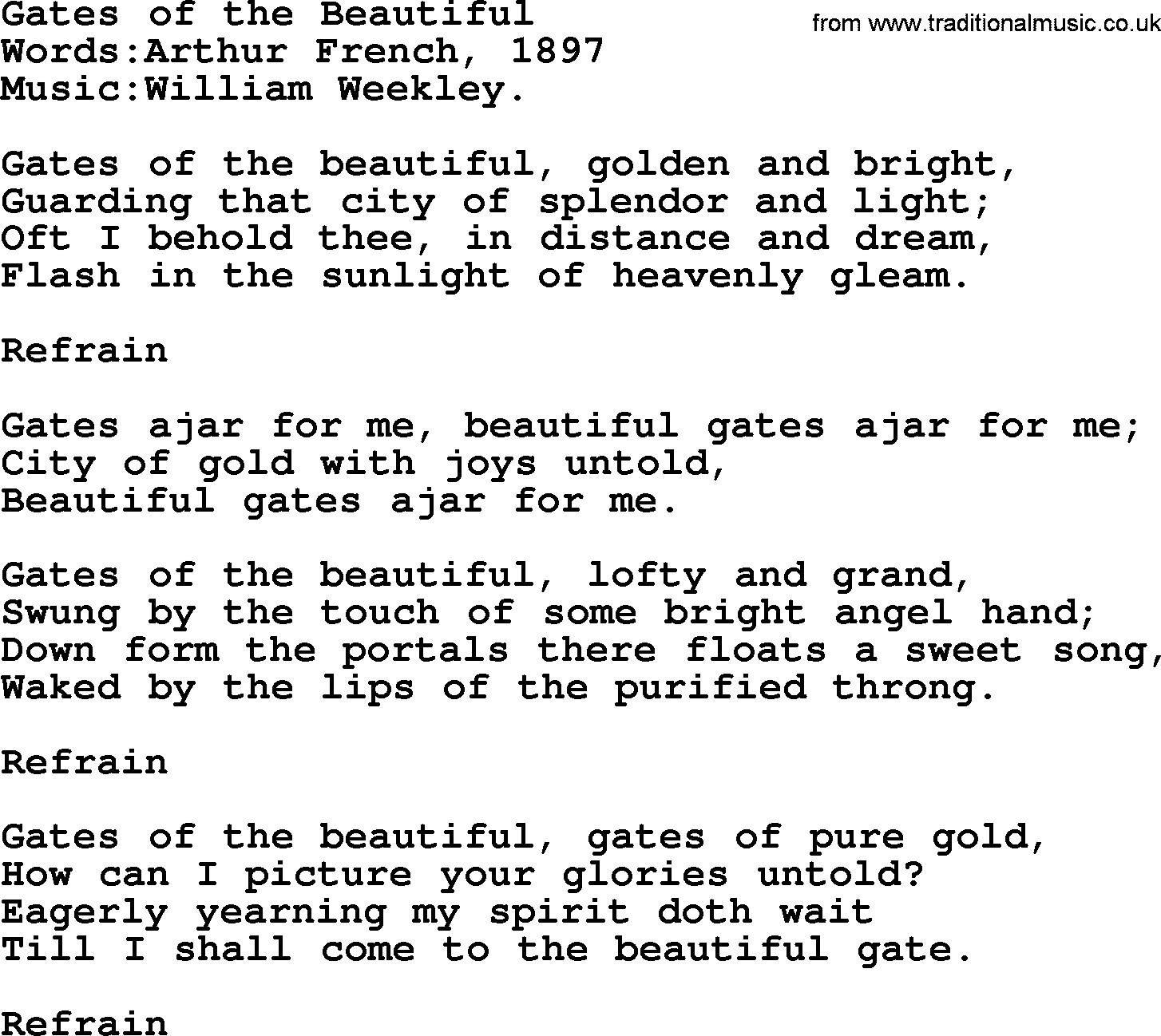 Songs and Hymns about Heaven: Gates Of The Beautiful lyrics with PDF