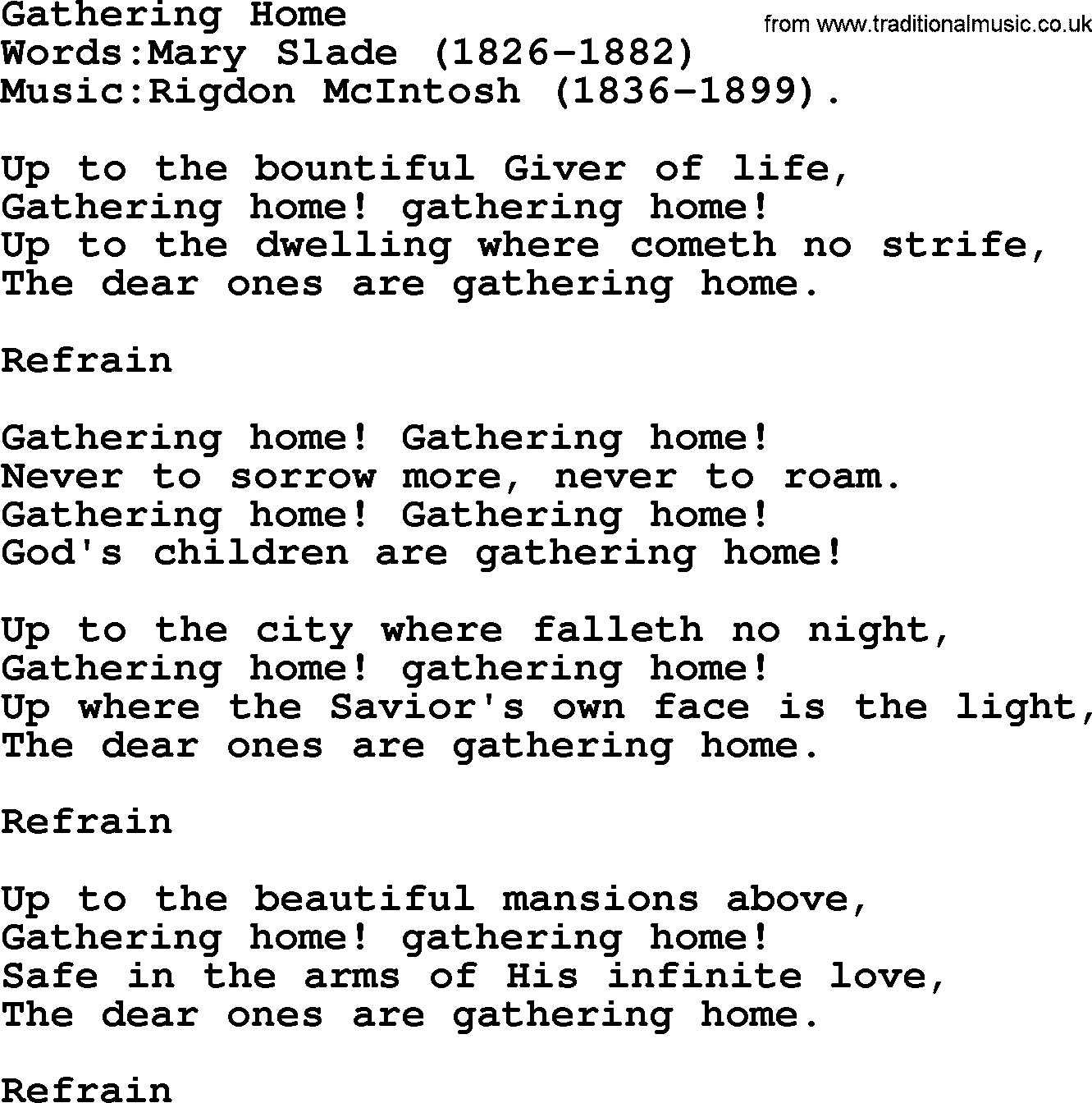 Songs and Hymns about Heaven: Gathering Home lyrics with PDF