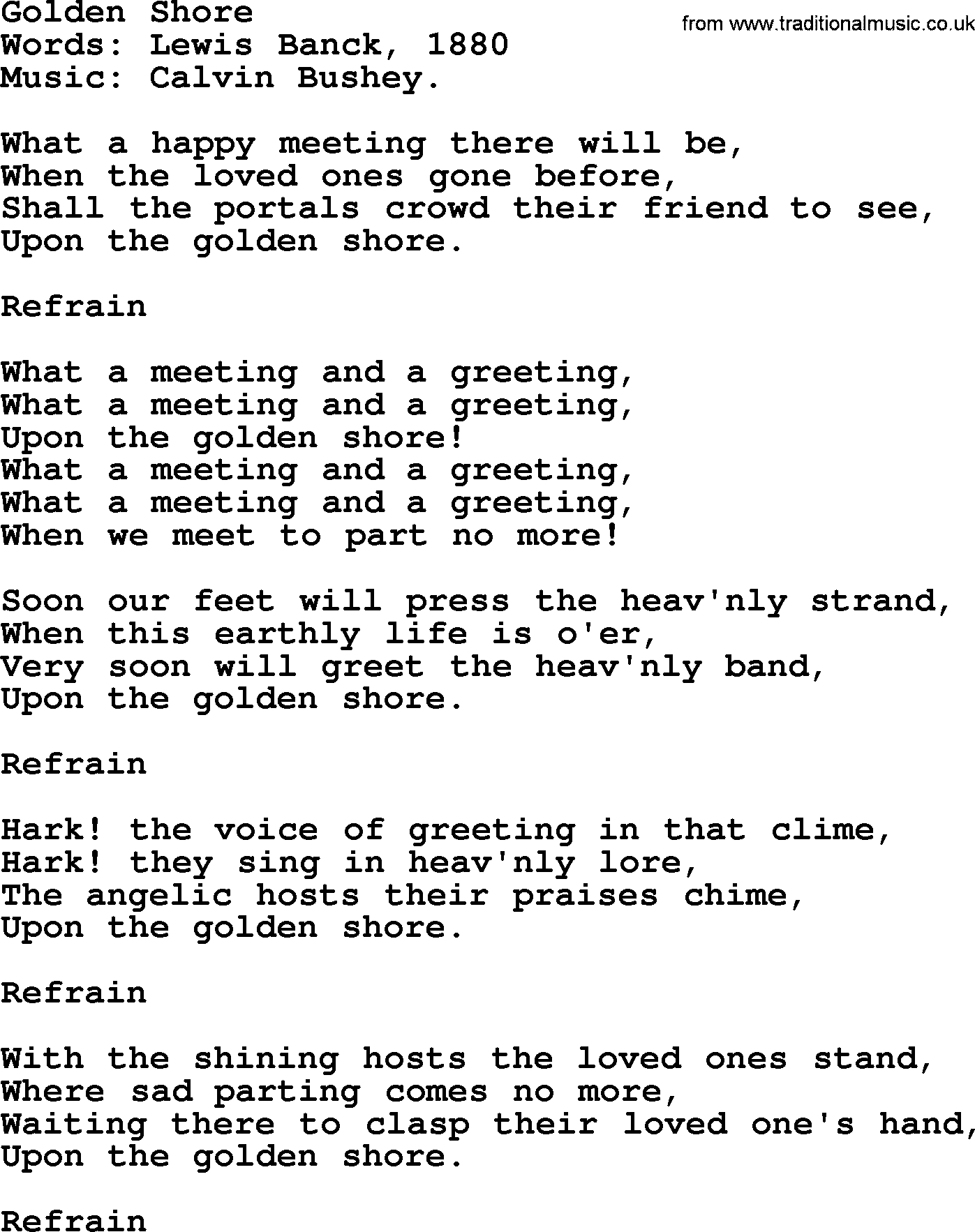 Songs and Hymns about Heaven: Golden Shore lyrics with PDF