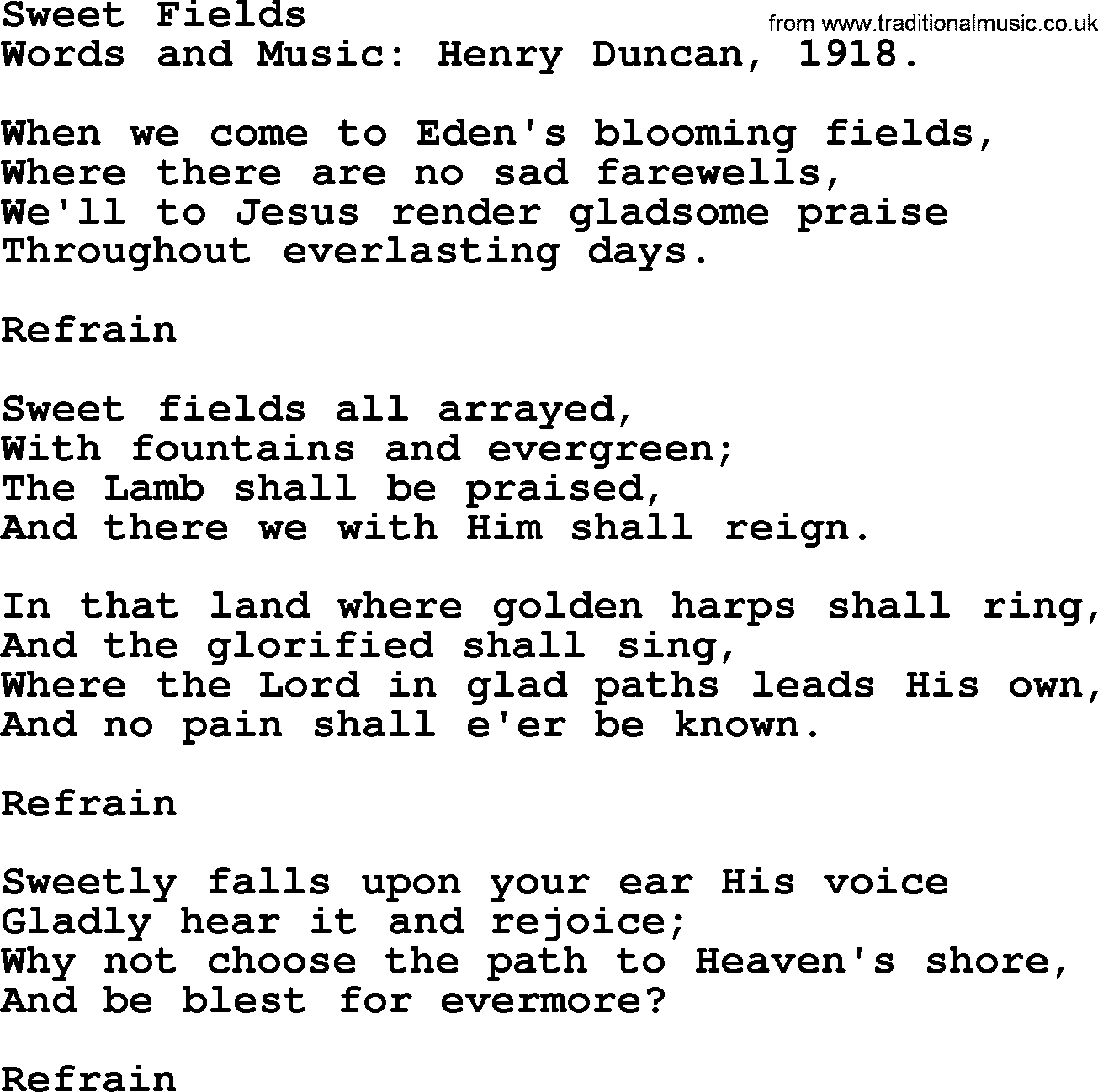 Songs and Hymns about Heaven: Sweet Fields lyrics with PDF