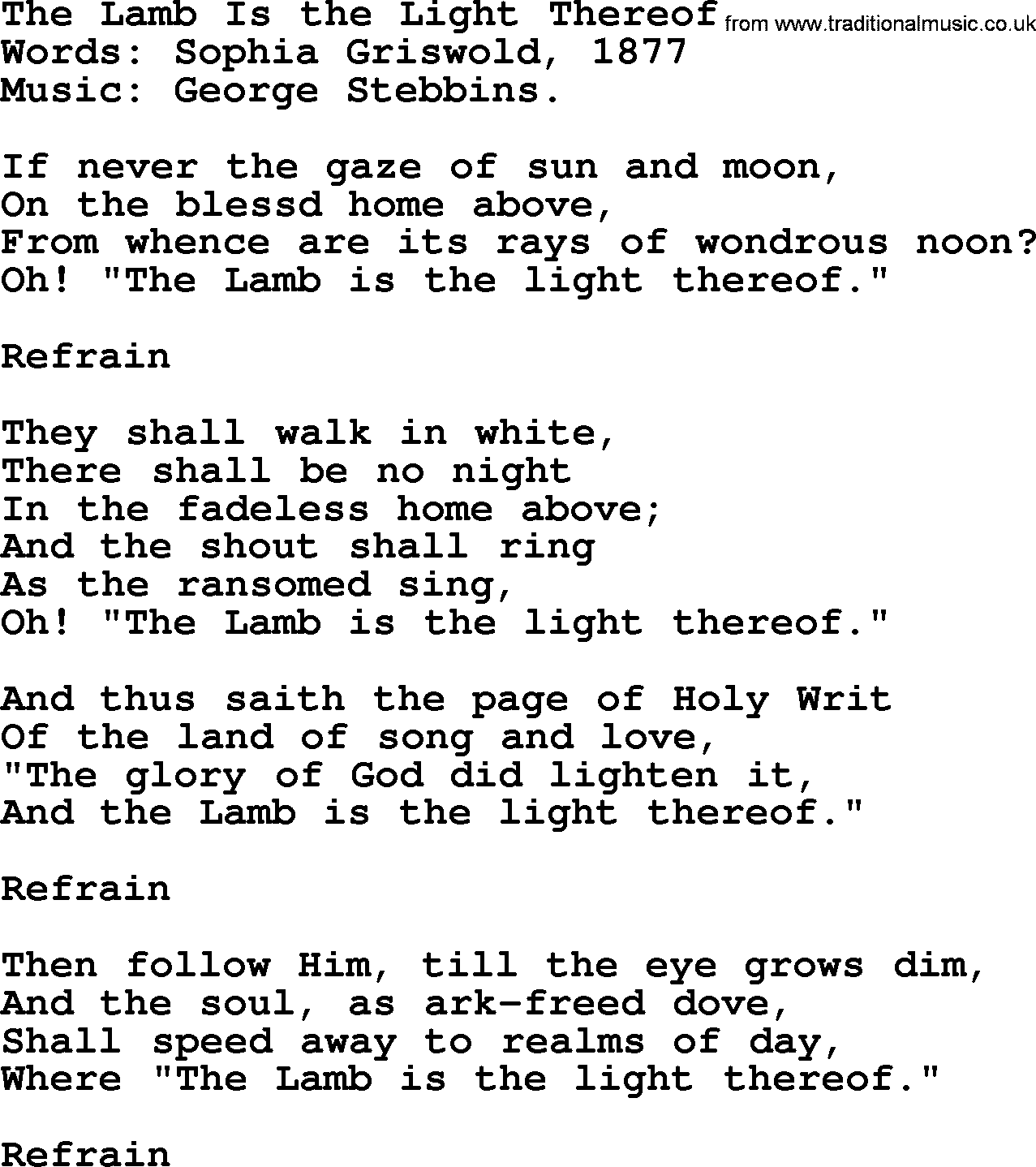 Songs and Hymns about Heaven: The Lamb Is The Light Thereof lyrics with PDF