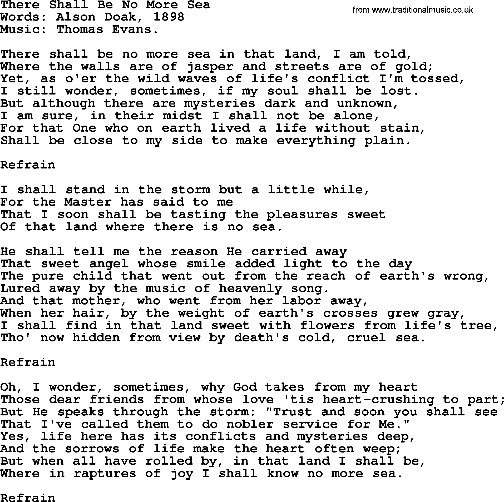 Songs and Hymns about Heaven: There Shall Be No More Sea lyrics with PDF