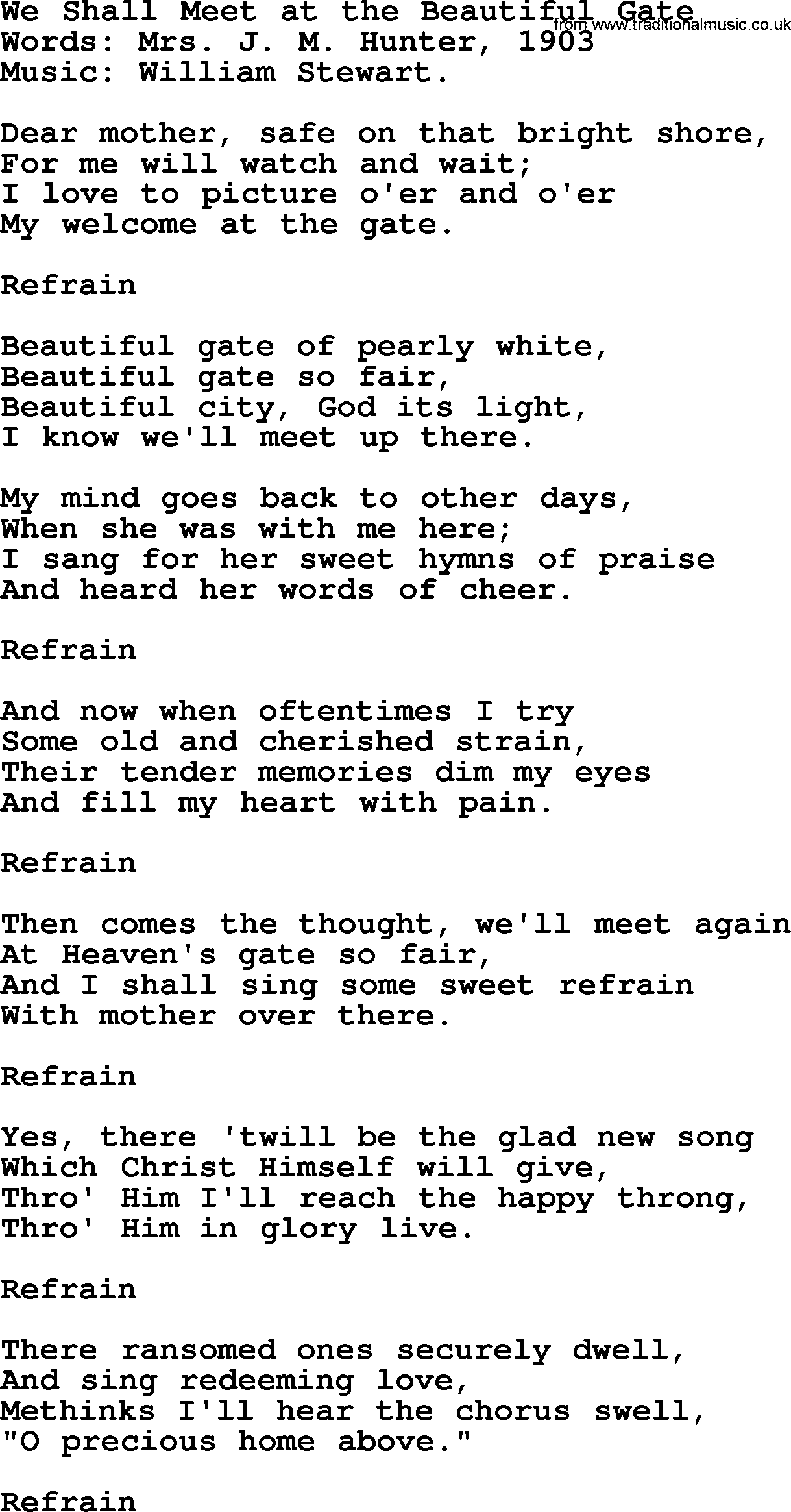 Songs and Hymns about Heaven: We Shall Meet At The Beautiful Gate lyrics with PDF