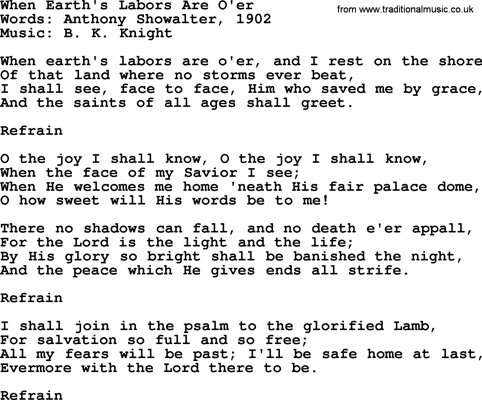 Songs and Hymns about Heaven: When Earth's Labors Are O'er lyrics with PDF