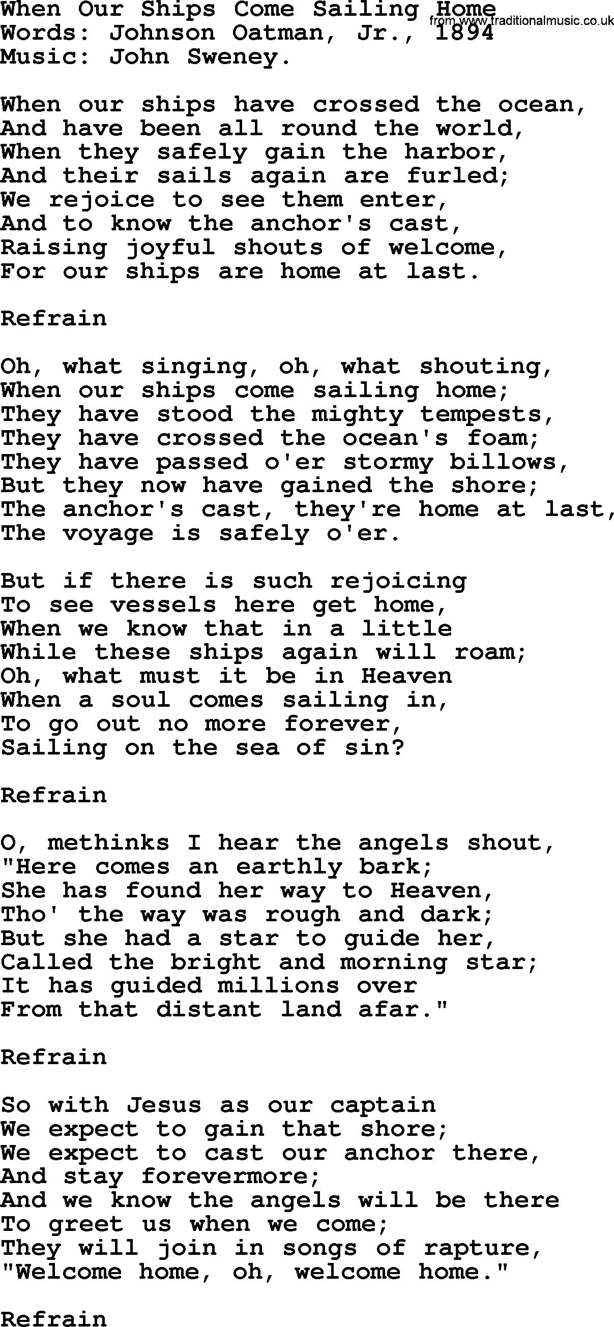 Songs and Hymns about Heaven: When Our Ships Come Sailing Home lyrics with PDF