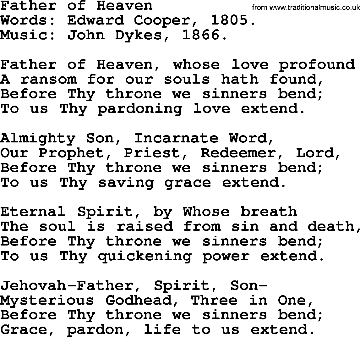 Hymns from the Psalms, Hymn: Father Of Heaven, lyrics with PDF