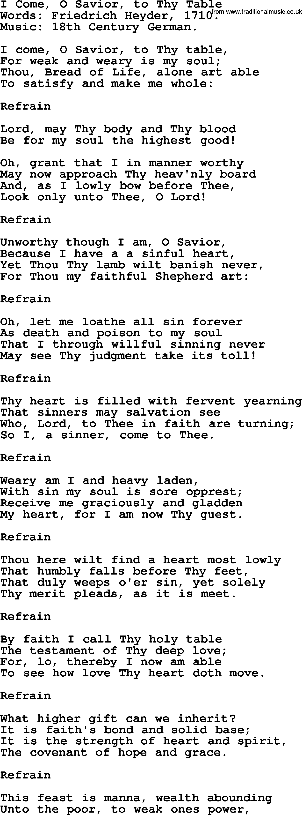 Hymns from the Psalms, Hymn: I Come, O Savior, To Thy Table, lyrics with PDF