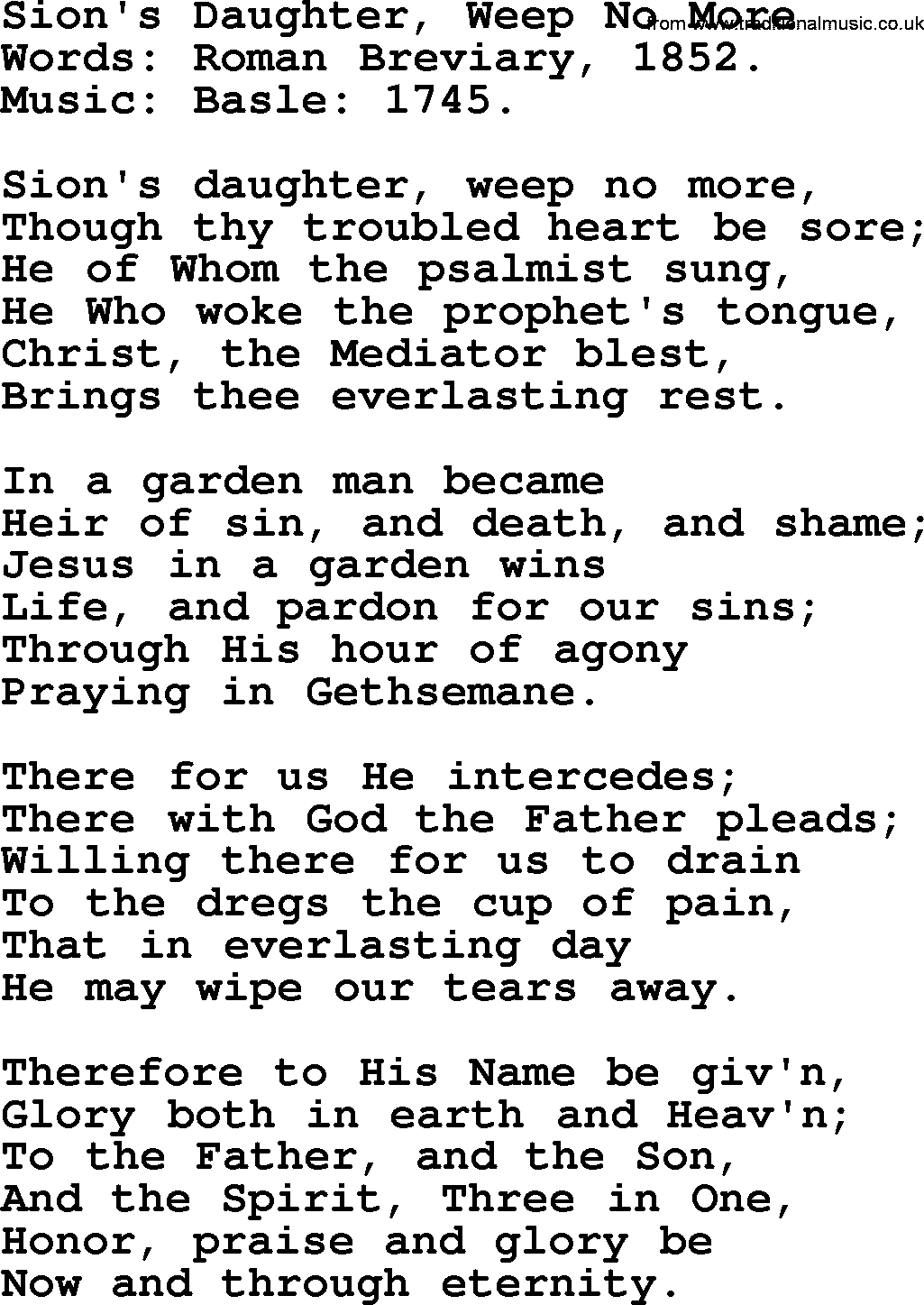 Hymns from the Psalms, Hymn: Sion's Daughter, Weep No More, lyrics with PDF