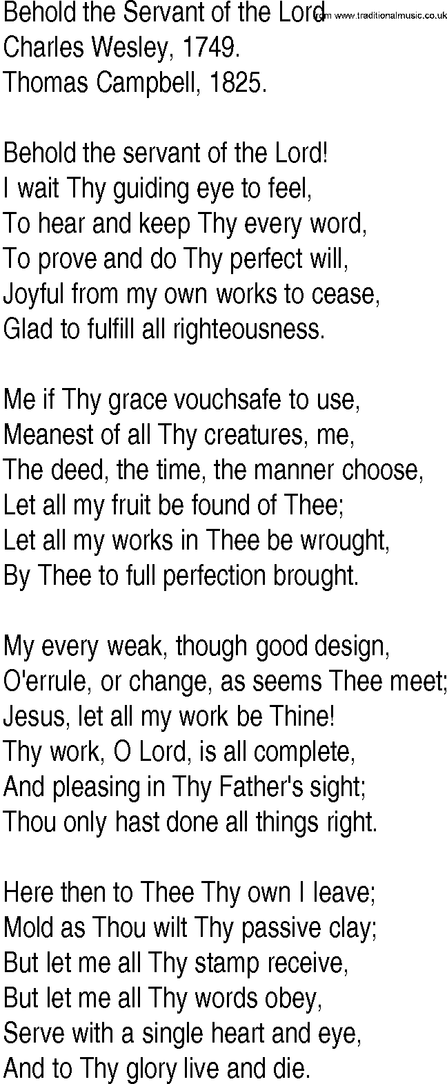 Hymn and Gospel Song: Behold the Servant of the Lord by Charles Wesley lyrics