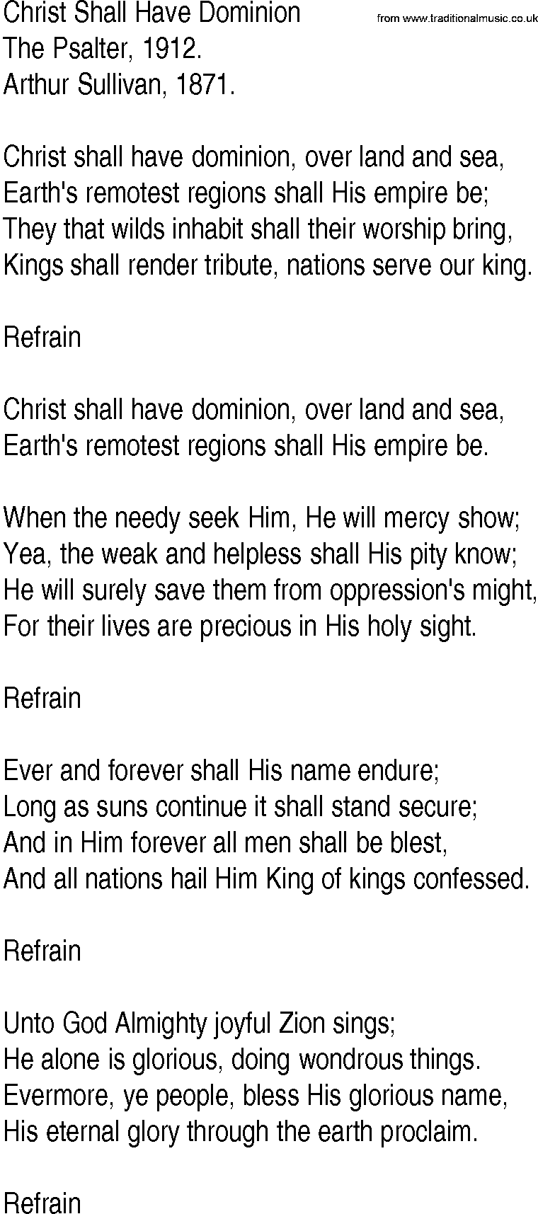 Hymn and Gospel Song: Christ Shall Have Dominion by The Psalter lyrics