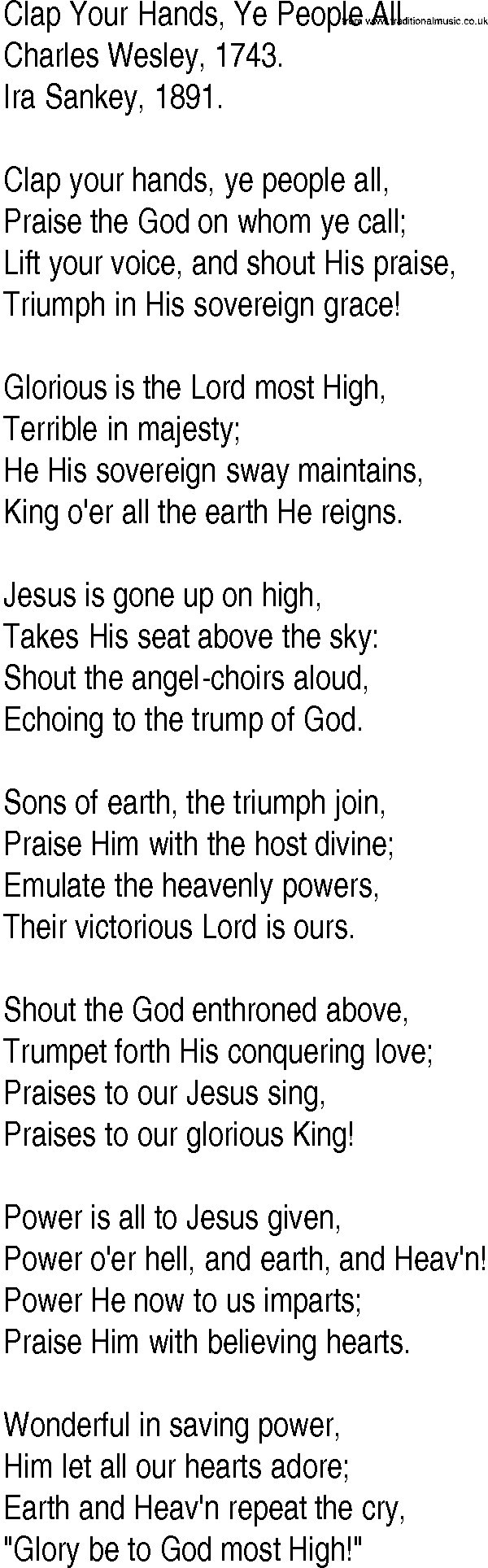 Hymn and Gospel Song: Clap Your Hands, Ye People All by Charles Wesley lyrics