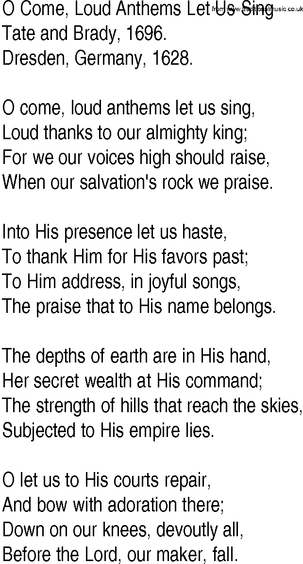Hymn and Gospel Song: O Come, Loud Anthems Let Us Sing by Tate and Brady lyrics