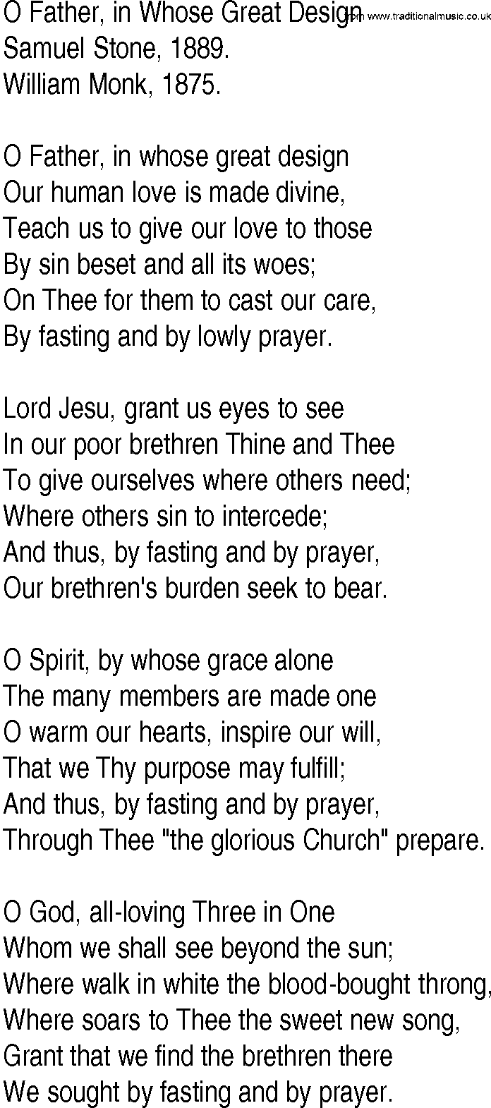 Hymn and Gospel Song: O Father, in Whose Great Design by Samuel Stone lyrics