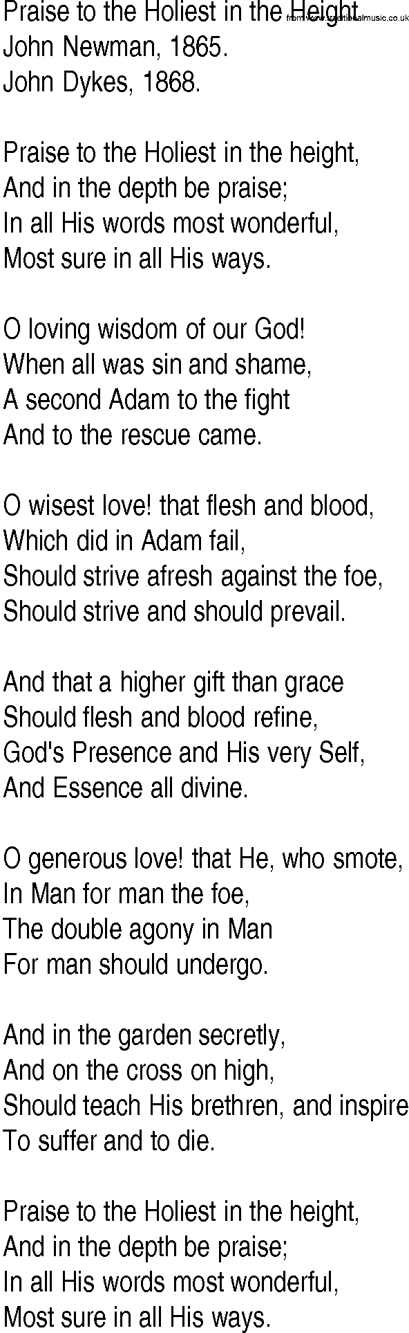 Hymn and Gospel Song: Praise to the Holiest in the Height by John Newman lyrics