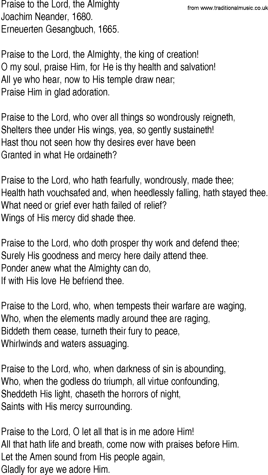 Hymn and Gospel Song: Praise to the Lord, the Almighty by Joachim Neander lyrics