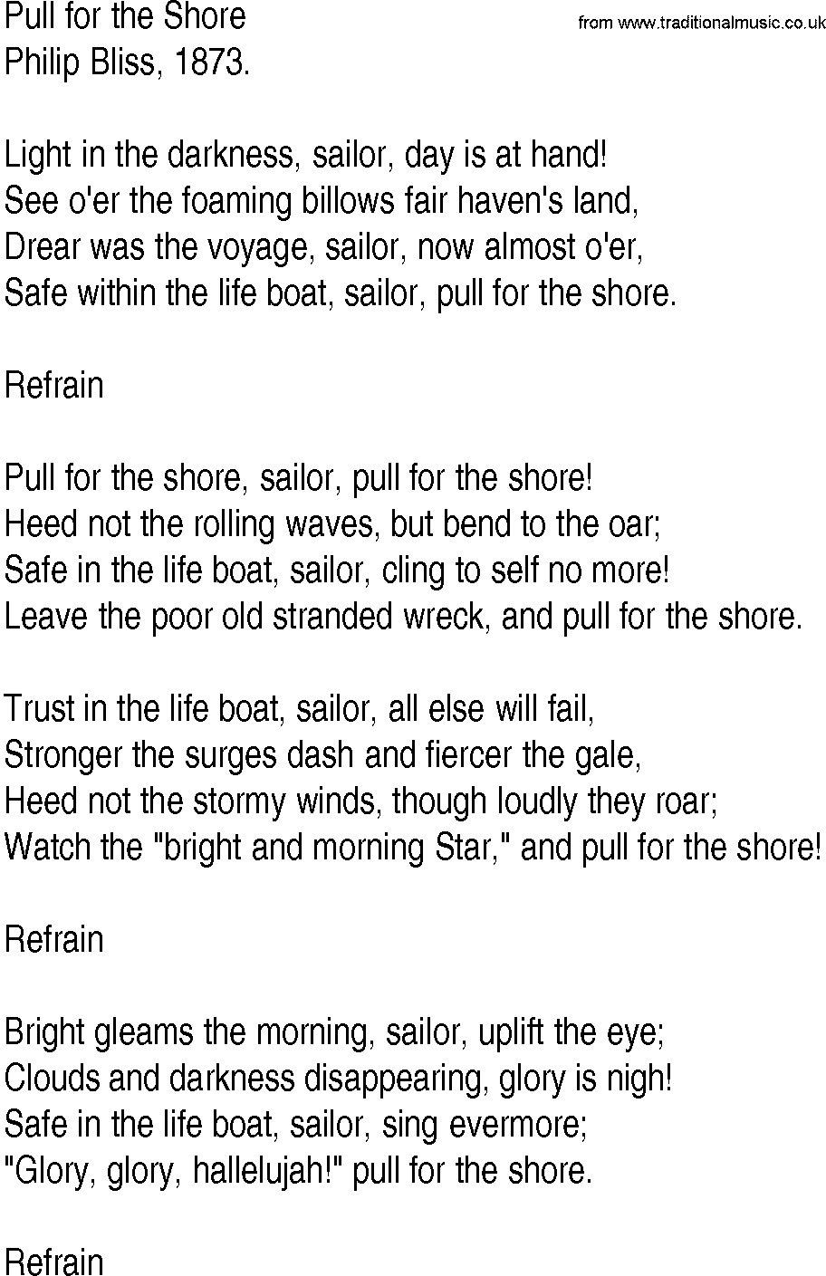 Hymn and Gospel Song: Pull for the Shore by Philip Bliss lyrics