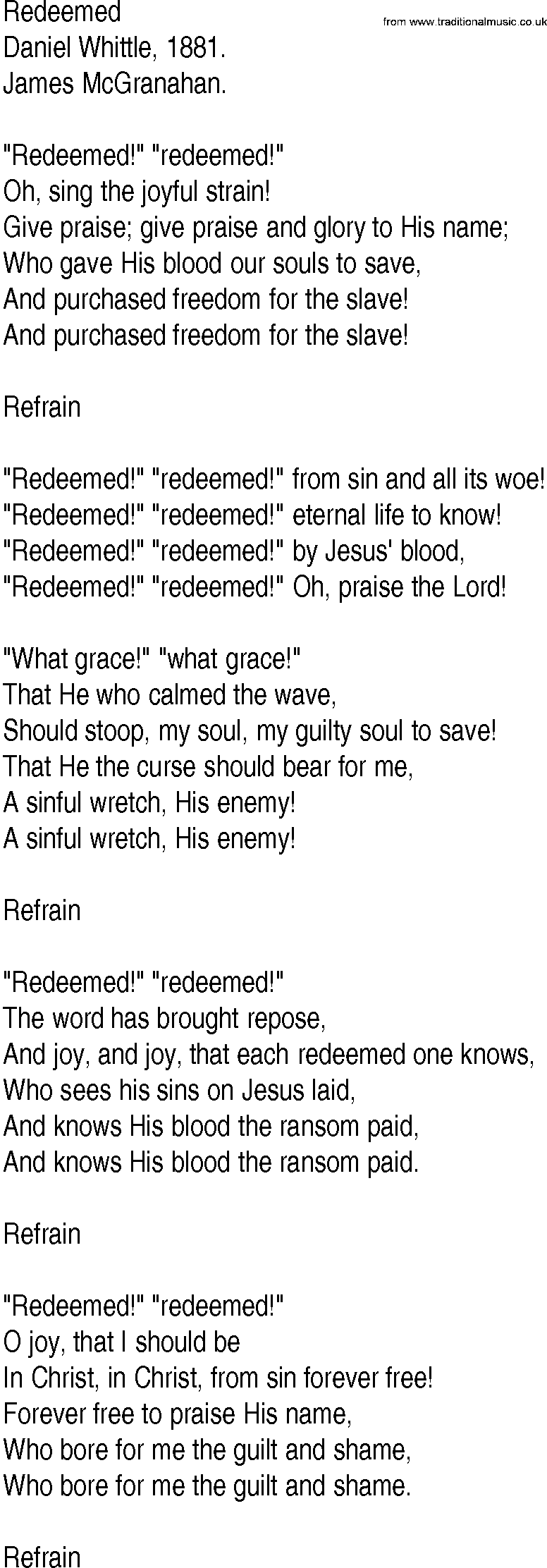 Hymn and Gospel Song: Redeemed by Daniel Whittle lyrics