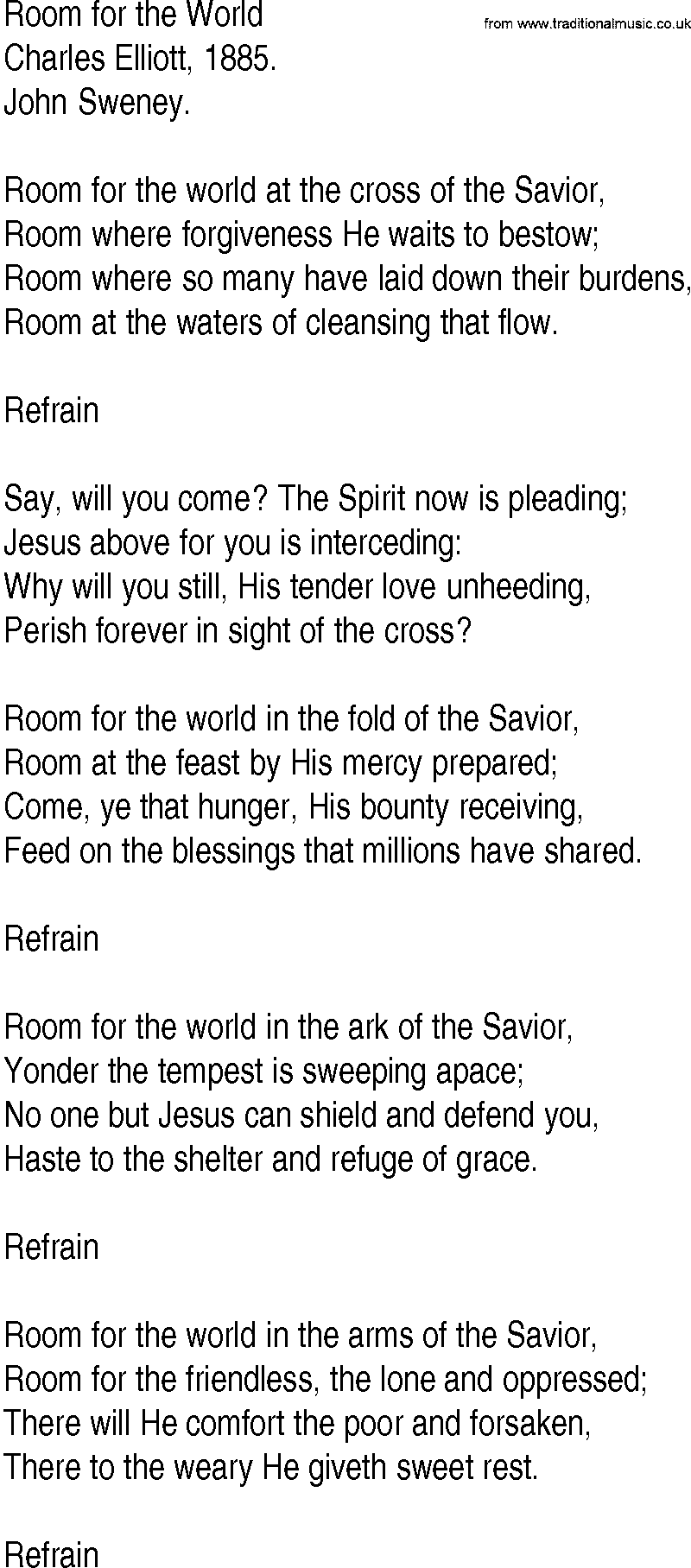 Hymn and Gospel Song: Room for the World by Charles Elliott lyrics