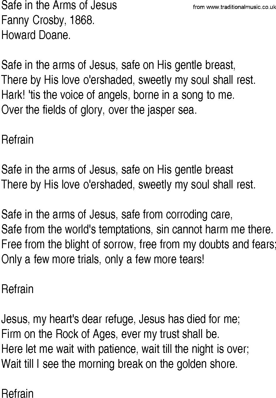 Hymn and Gospel Song: Safe in the Arms of Jesus by Fanny Crosby lyrics