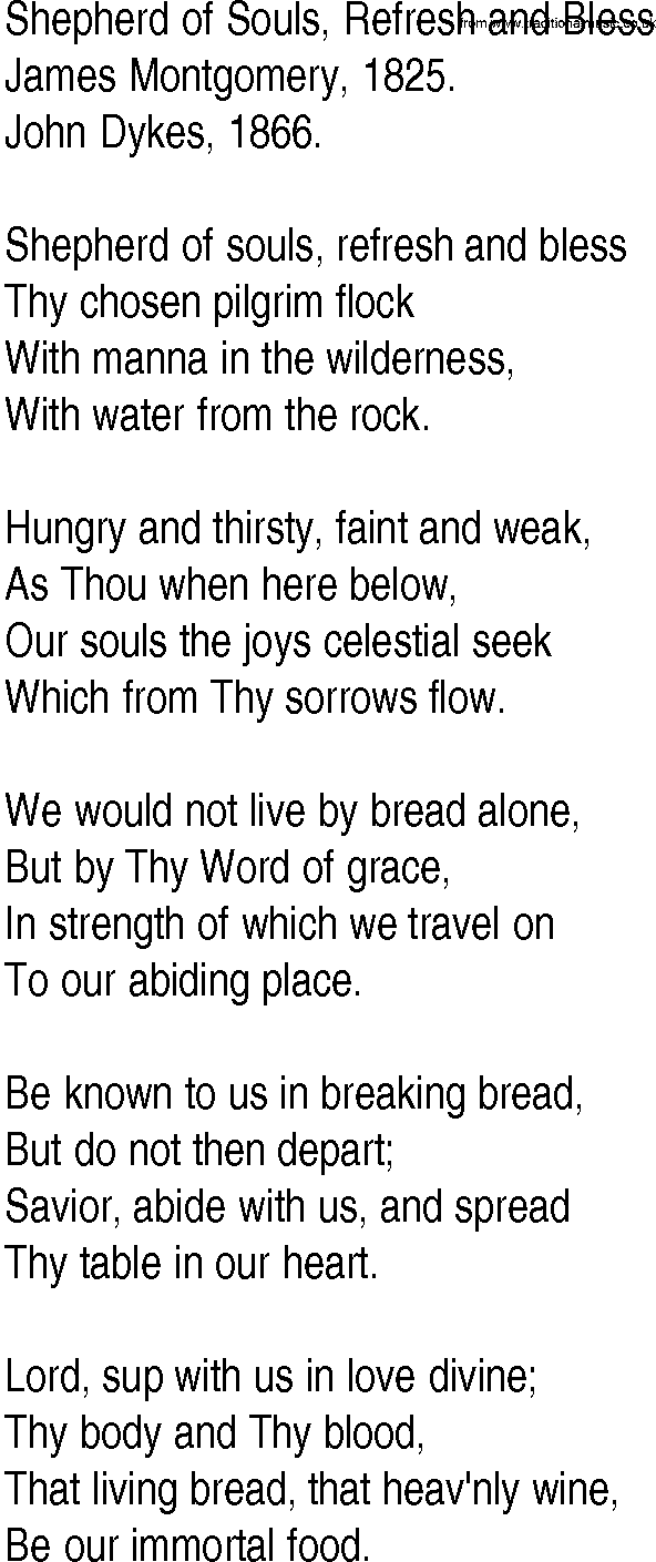 Hymn and Gospel Song: Shepherd of Souls, Refresh and Bless by James Montgomery lyrics