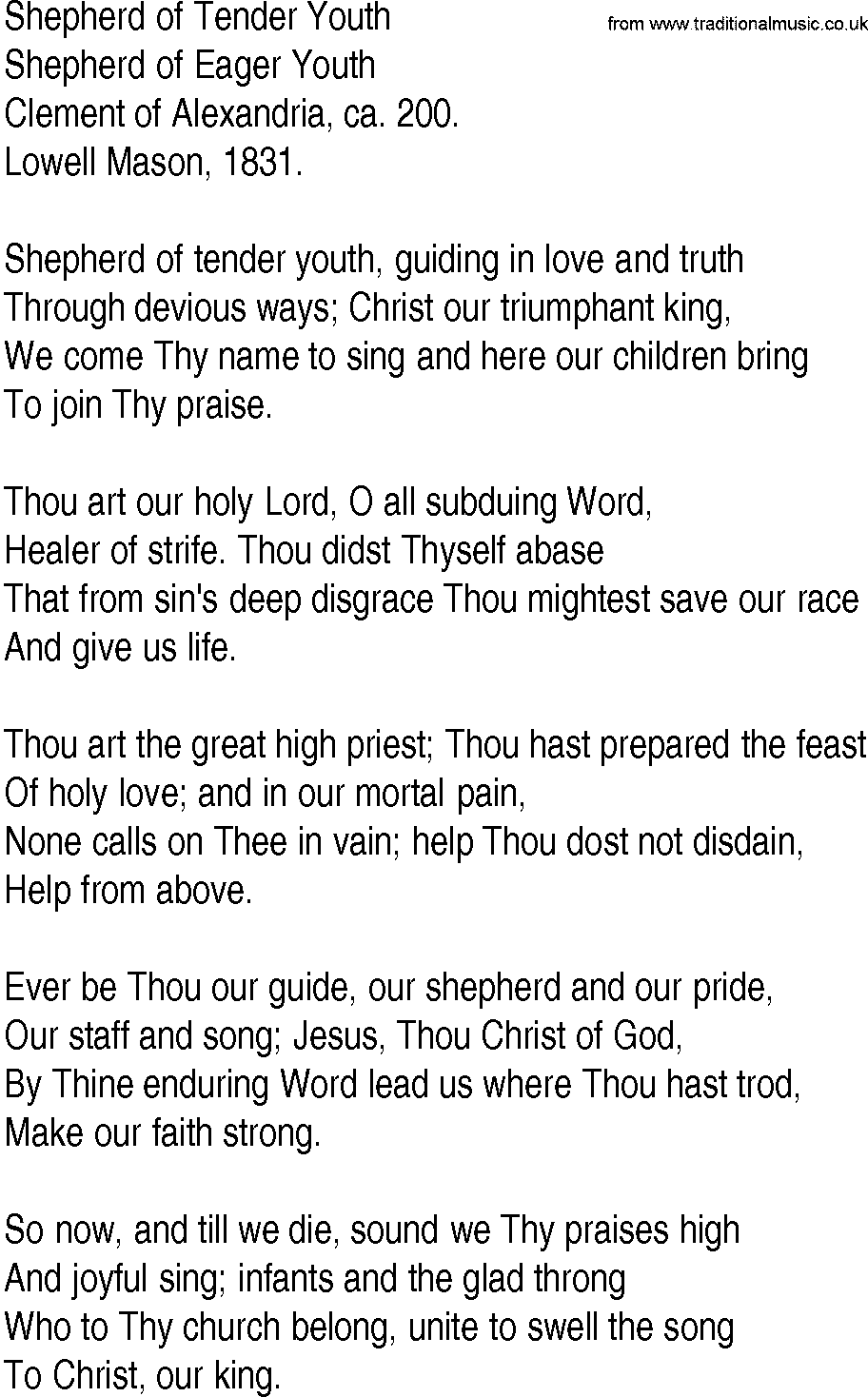 Hymn and Gospel Song: Shepherd of Tender Youth by Clement of Alexandria ca lyrics