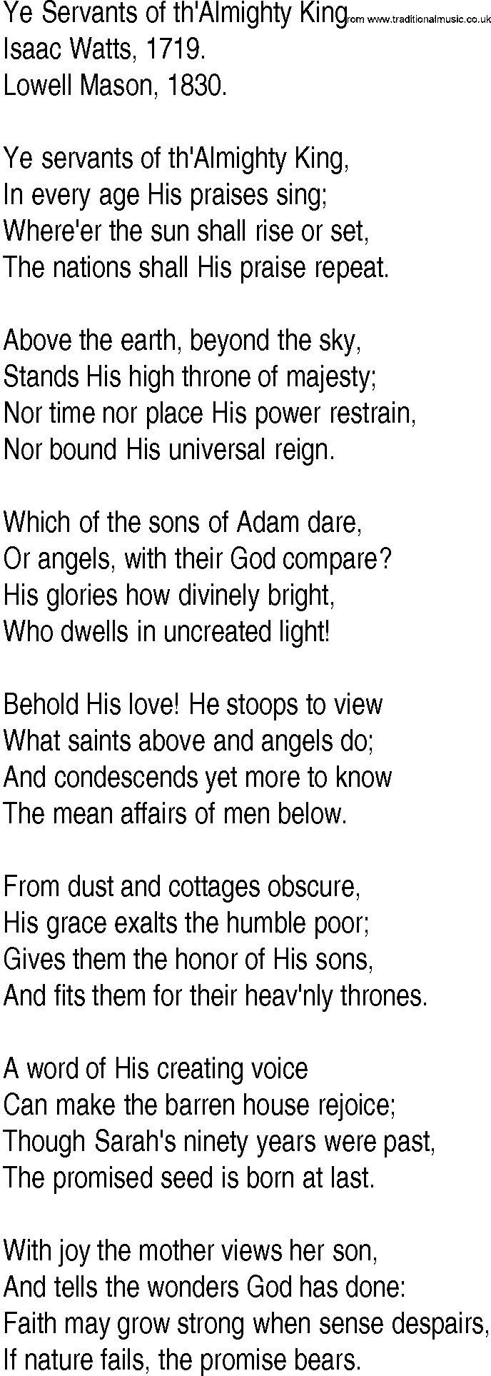 Hymn and Gospel Song: Ye Servants of th'Almighty King by Isaac Watts lyrics