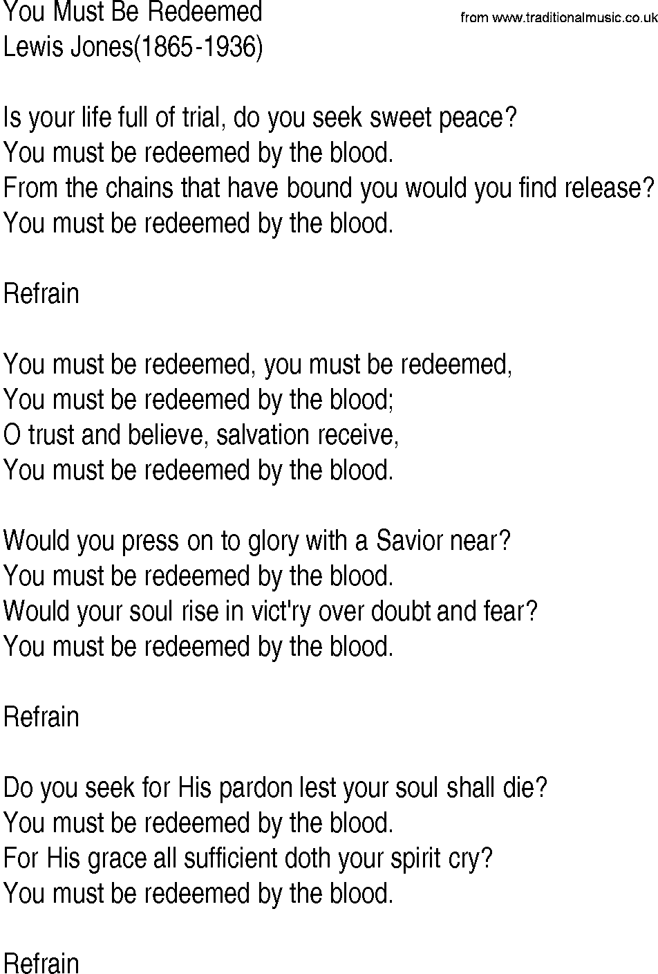 Hymn and Gospel Song: You Must Be Redeemed by Lewis Jones lyrics