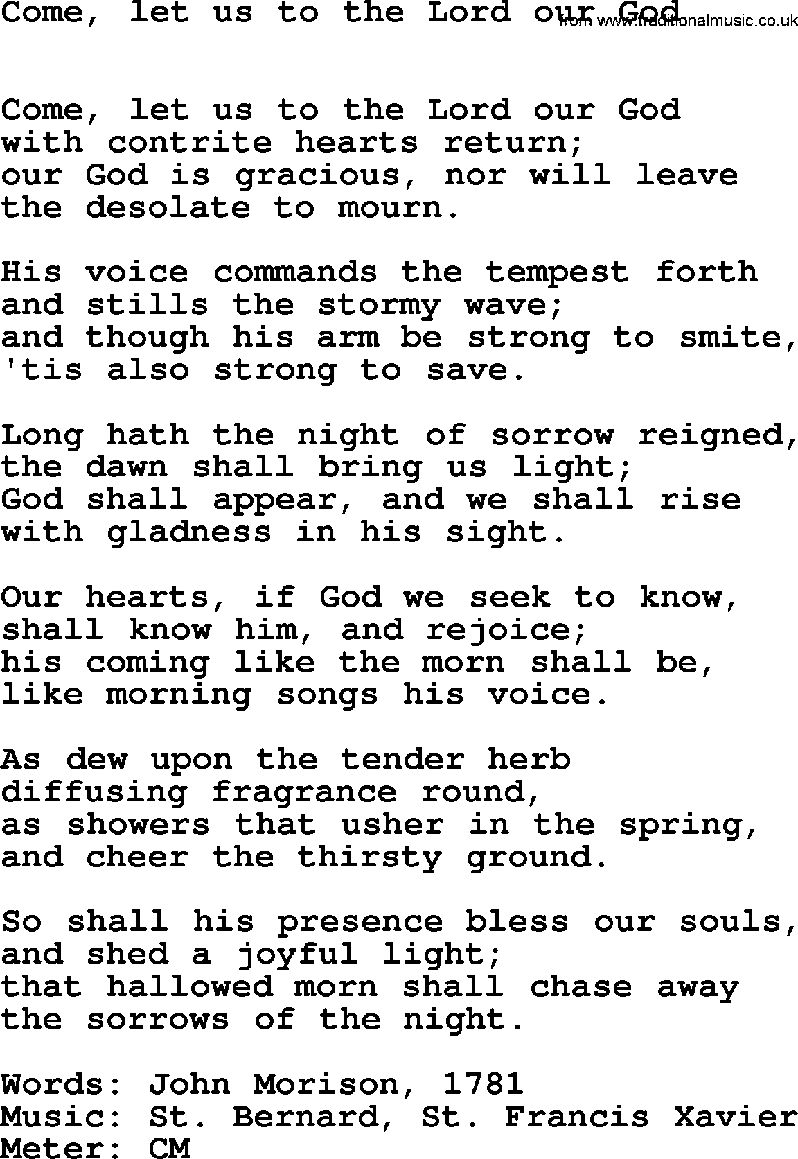 Lent Hymns, Hymn: Come, Let Us To The Lord Our God, lyrics with PDF an midi music