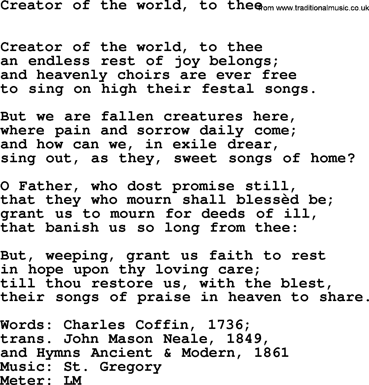 Lent Hymns, Hymn: Creator Of The World, To Thee, lyrics with PDF an midi music