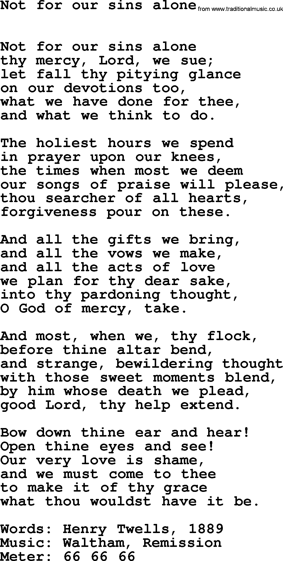 Lent Hymns, Hymn: Not For Our Sins Alone, lyrics with PDF an midi music