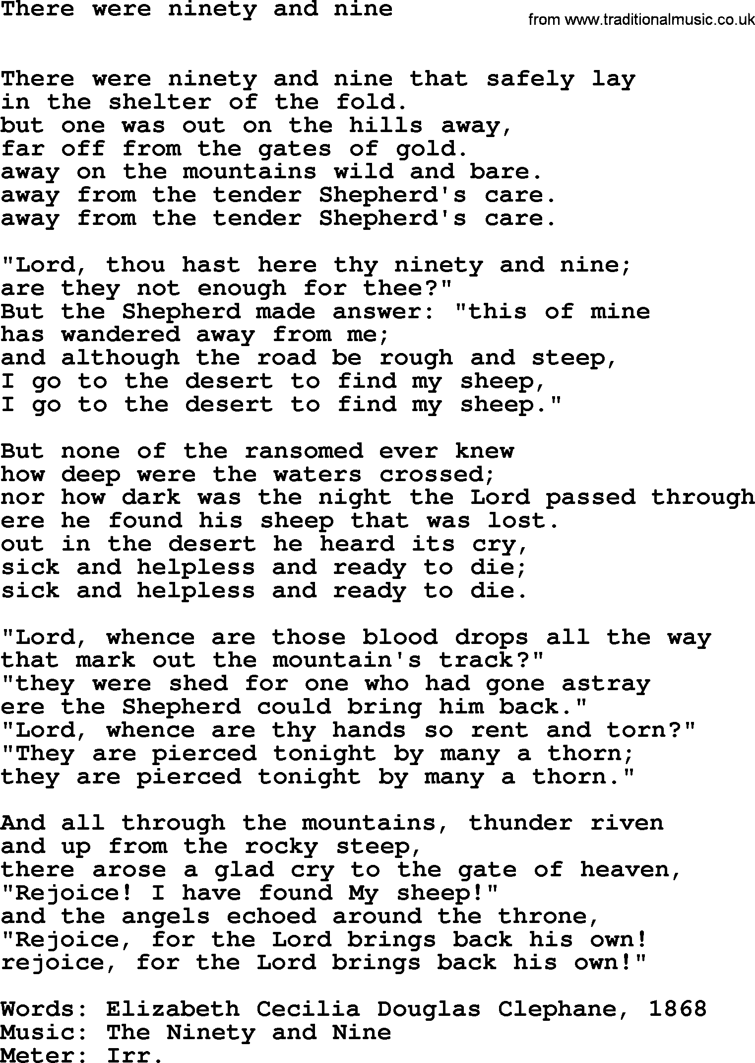 Lent Hymns, Hymn: There Were Ninety And Nine, lyrics with PDF an midi music
