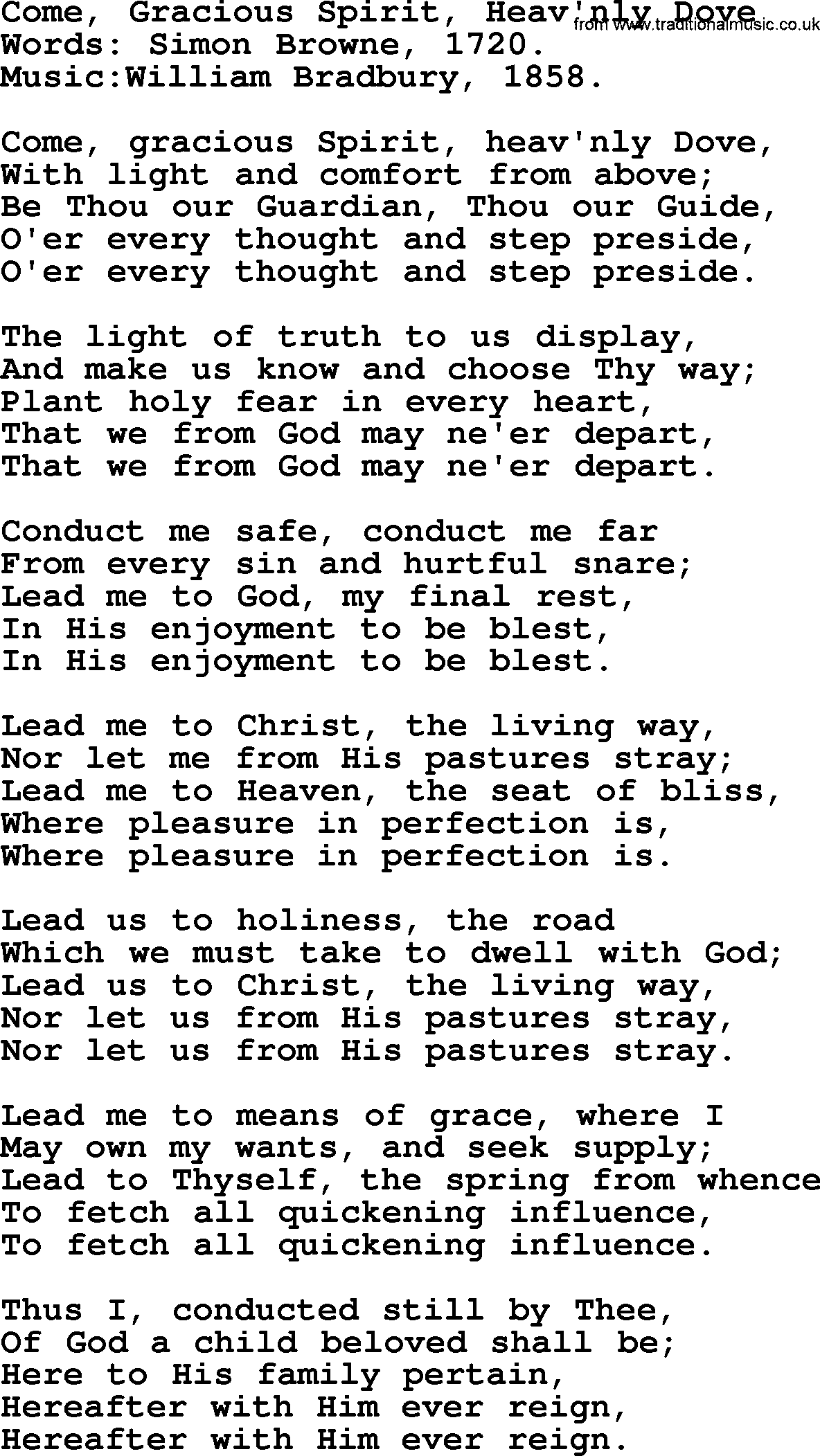 Pentacost Hymns, Hymn: Come, Gracious Spirit, Heavenly Dove, lyrics with PDF
