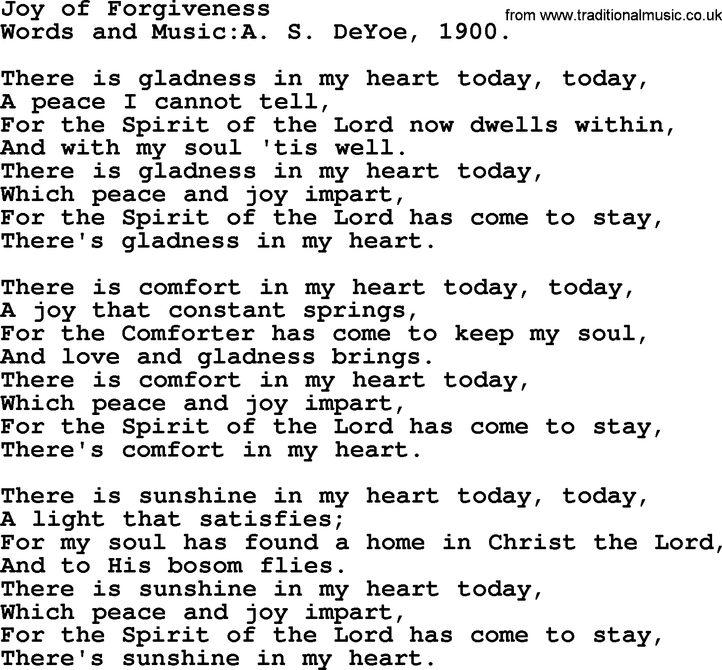 Pentacost Hymns, Hymn: Joy Of Forgiveness, lyrics with PDF