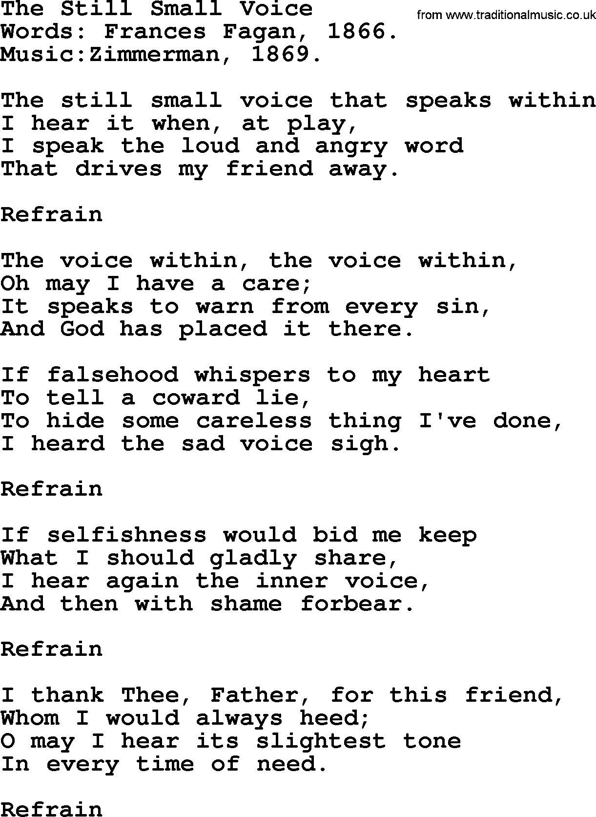 Pentacost Hymns, Hymn: The Still Small Voice, lyrics with PDF