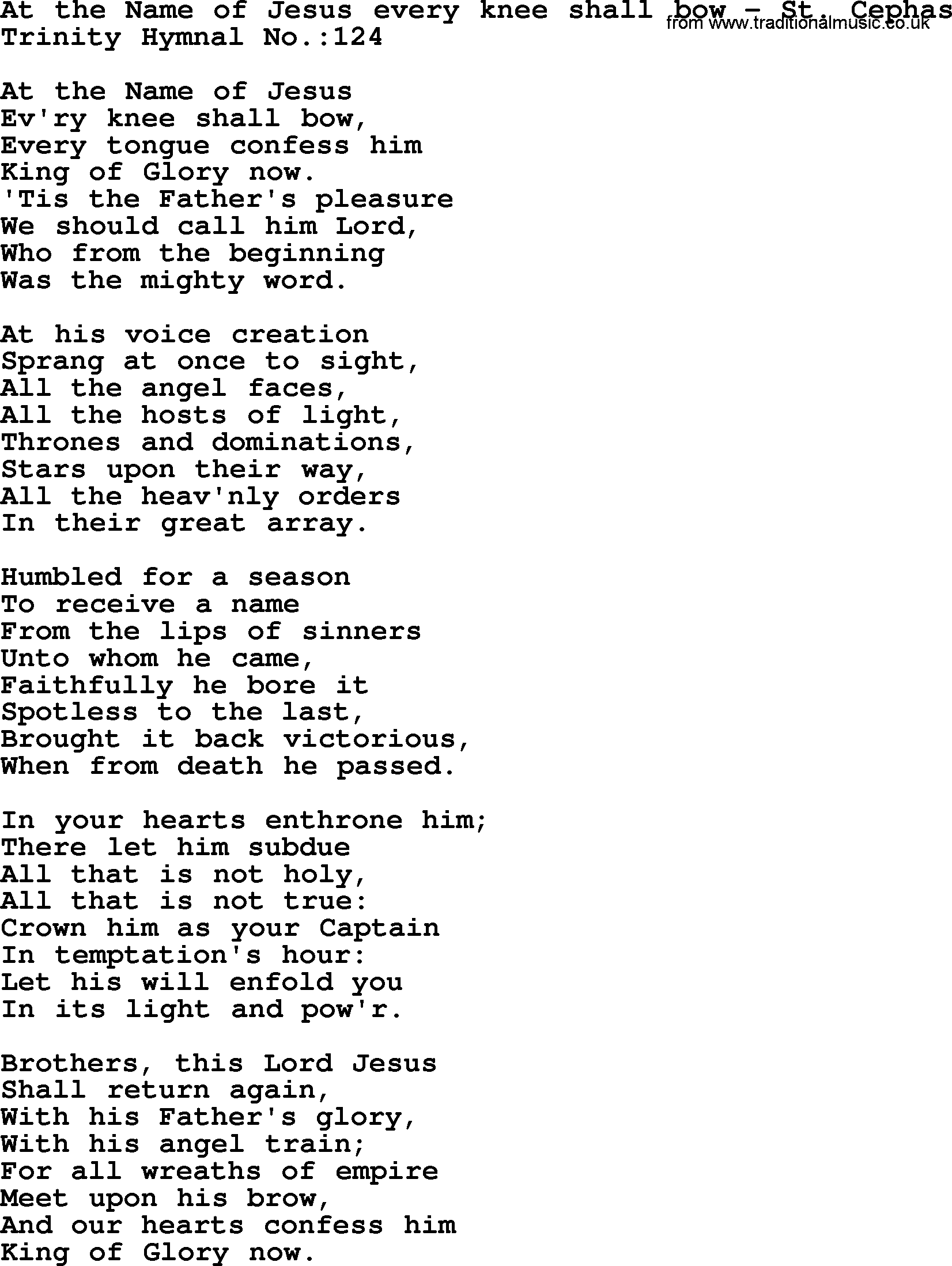 Trinity Hymnal Hymn: At The Name Of Jesus Every Knee Shall Bow--St. Cephas, lyrics with midi music