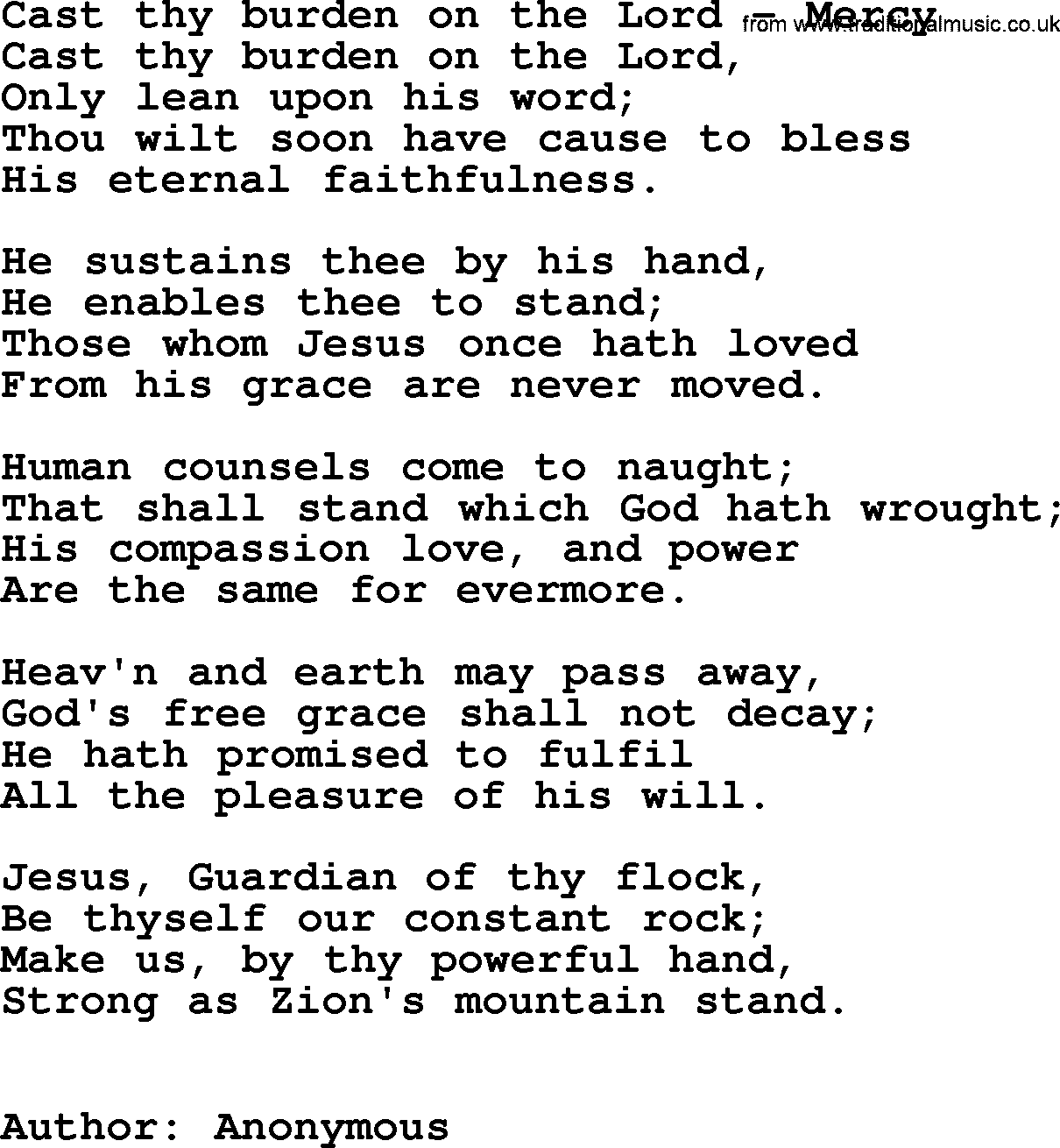 Trinity Hymnal Hymn: Cast Thy Burden On The Lord--Mercy, lyrics with midi music