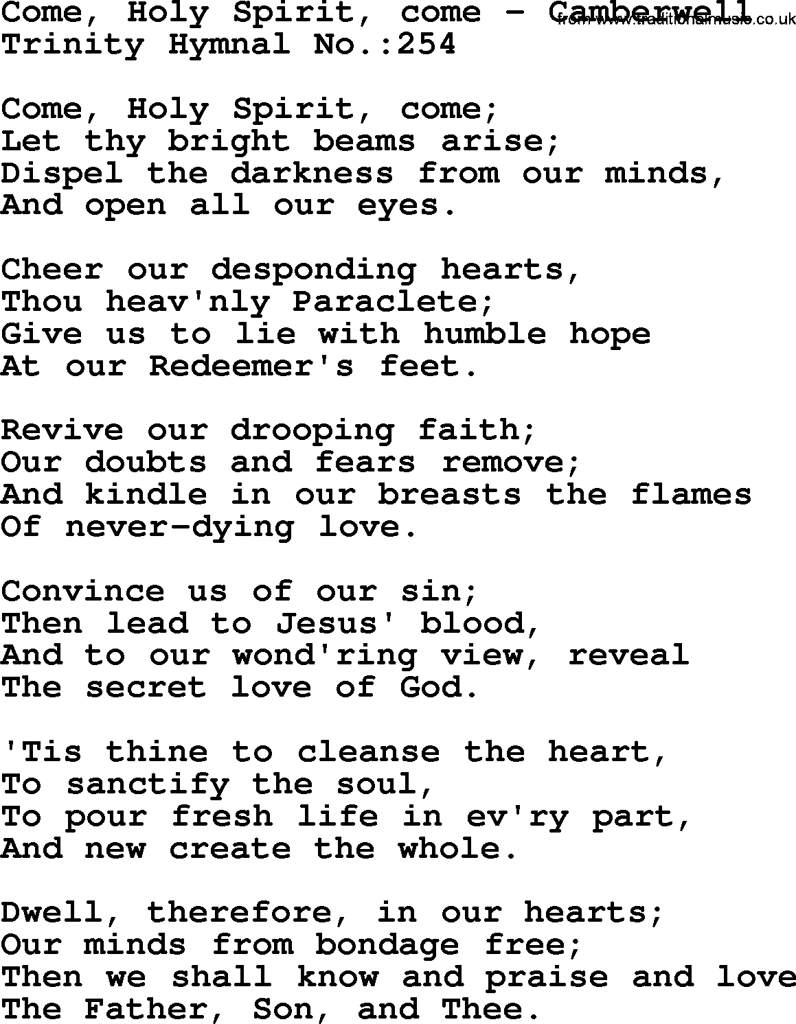 Trinity Hymnal Hymn: Come, Holy Spirit, Come--Camberwell, lyrics with midi music