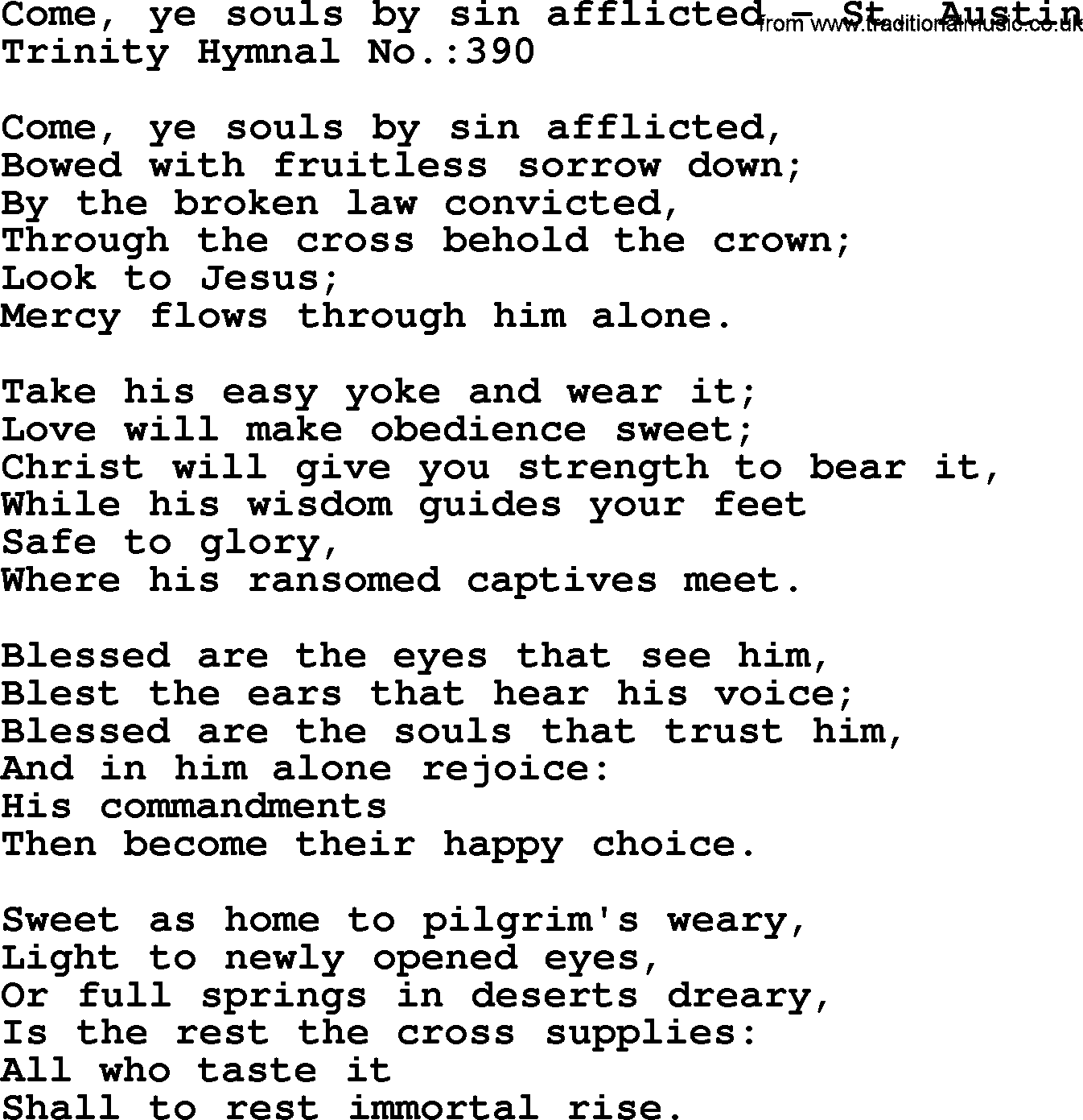 Trinity Hymnal Hymn: Come, Ye Souls By Sin Afflicted--St. Austin, lyrics with midi music
