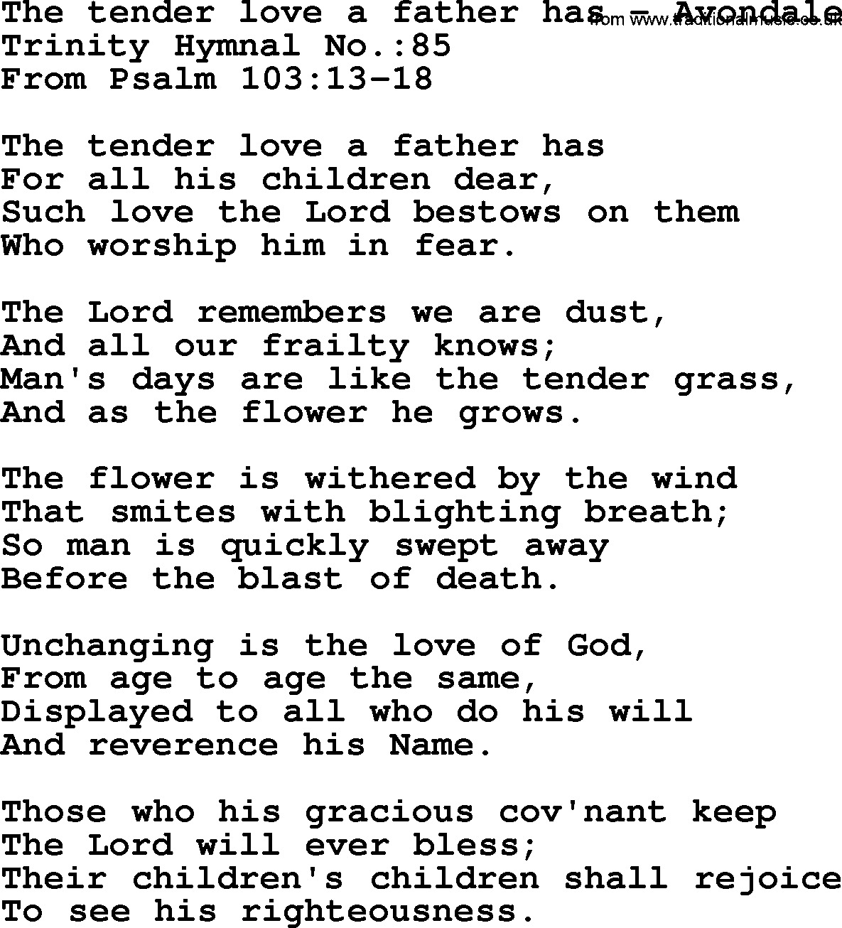 Trinity Hymnal Hymn: The Tender Love A Father Has--Avondale, lyrics with midi music
