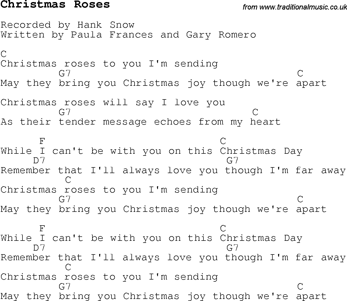 Christmas Songs and Carols, lyrics with chords for guitar banjo for Christmas Roses