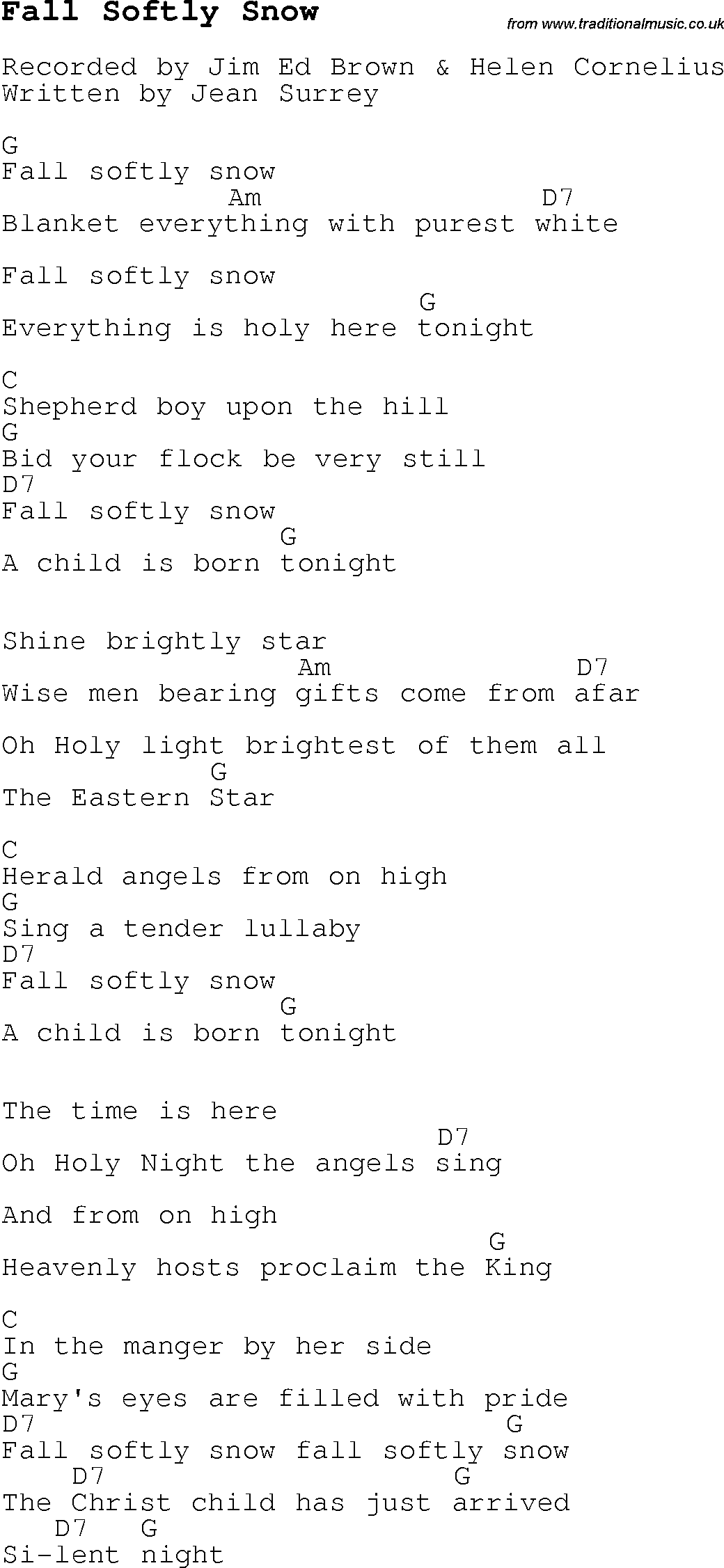 Christmas Songs and Carols, lyrics with chords for guitar banjo for Fall Softly Snow