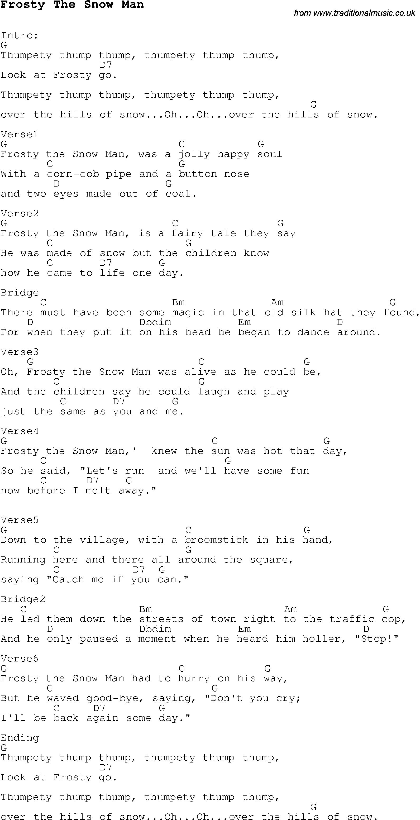 Christmas Songs and Carols, lyrics with chords for guitar banjo for Frosty The Snow Man