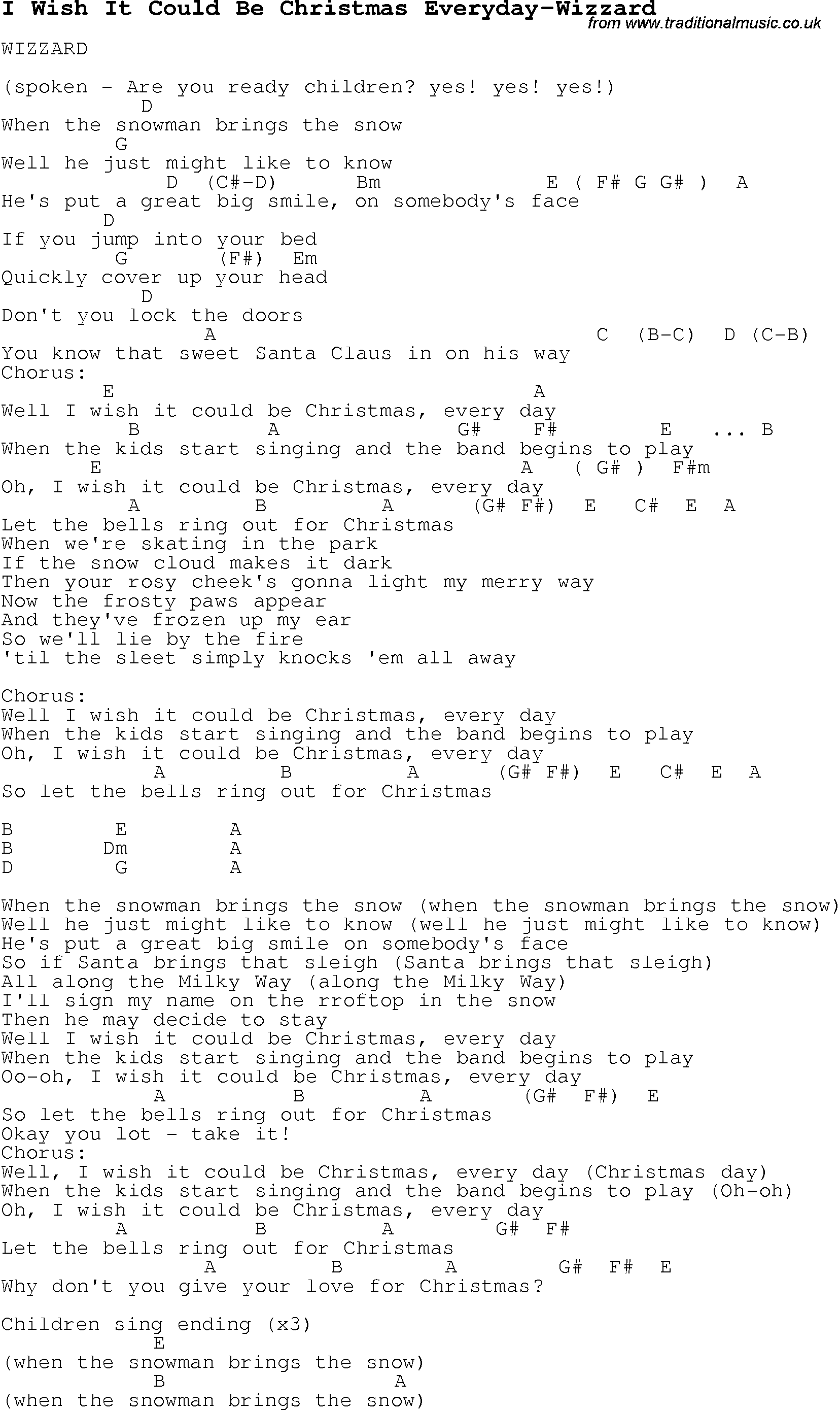 Christmas Songs and Carols, lyrics with chords for guitar banjo for I Wish It Could Be Christmas Everyday-Wizzard